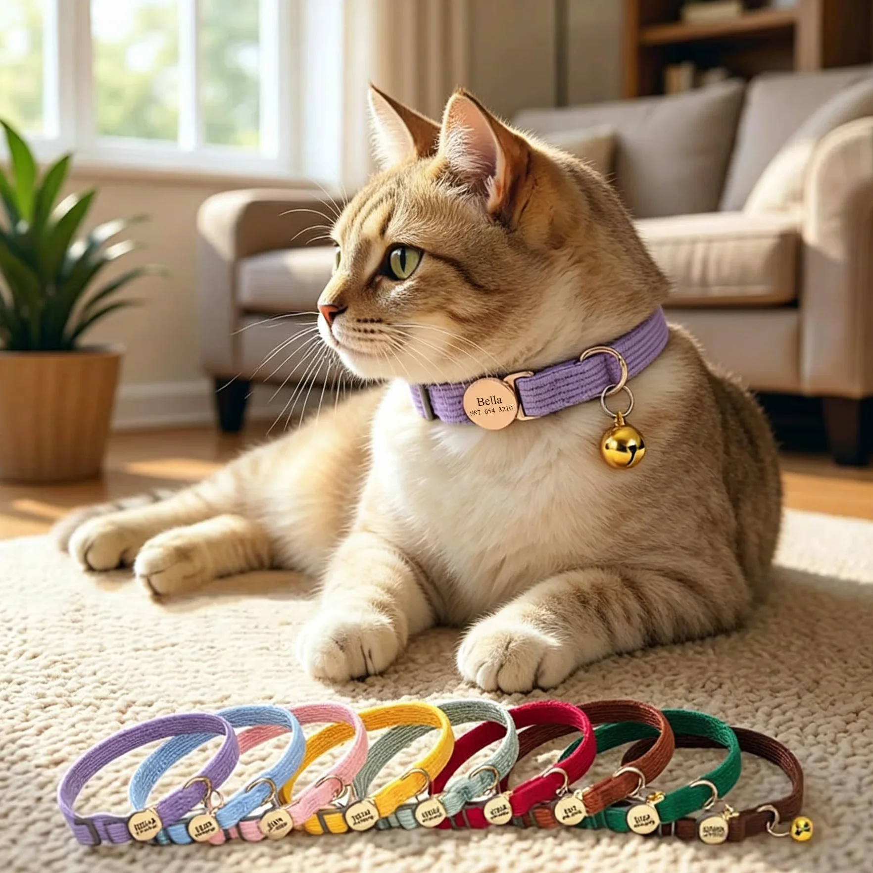 Collare gatto personalizzato con campana, nome e numero di telefono inciso su misura, tessuto regolabile morbido, fibbia a rilascio rapido Breakaway
