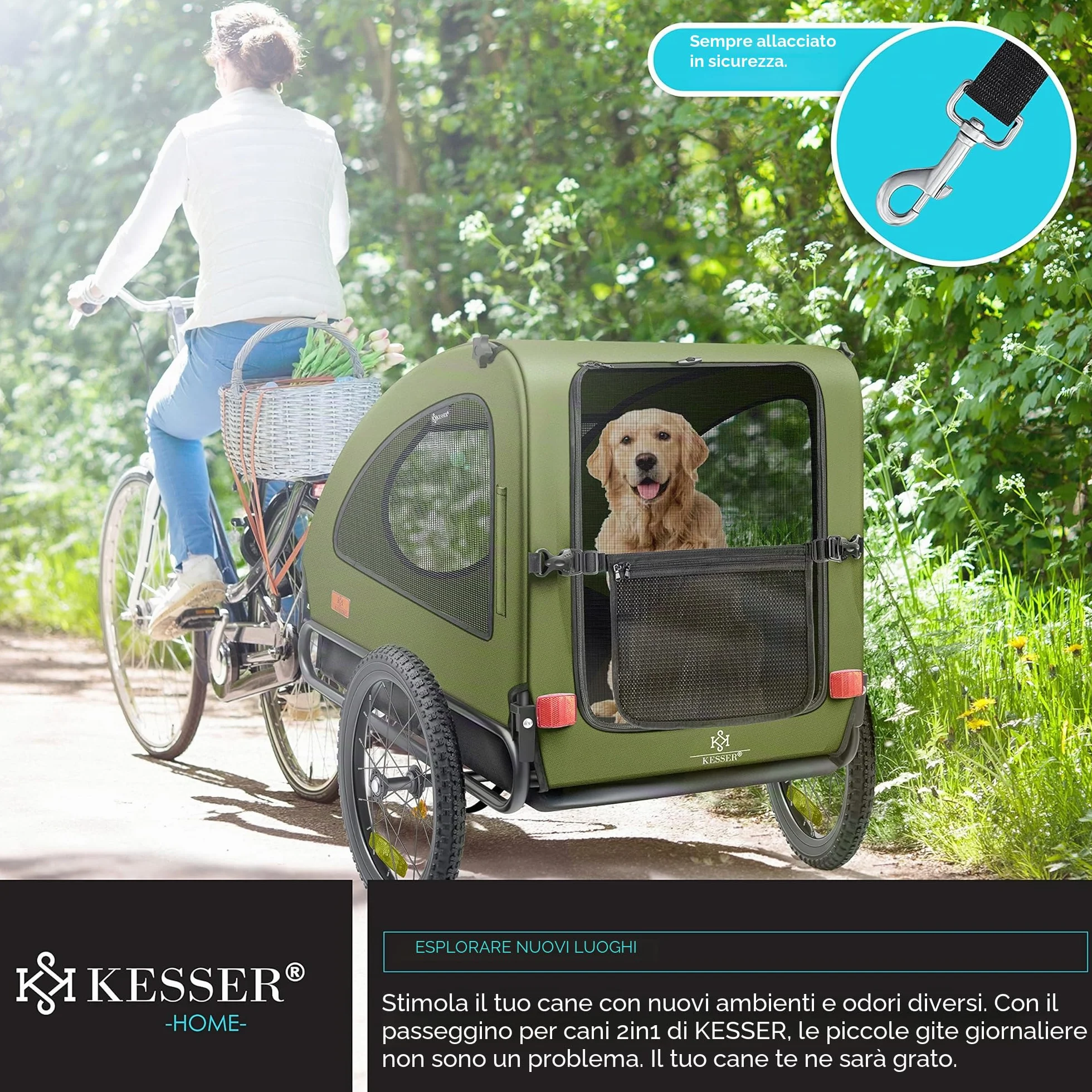 KESSER® Rimorchio per Cani 2in1, Carrello per Bicicletta, 250L circa di Volume, incl. Bandierina e Borsa, Pieghevole, SmartSpace Concept, Massima Capacità di Carico - 45 kg