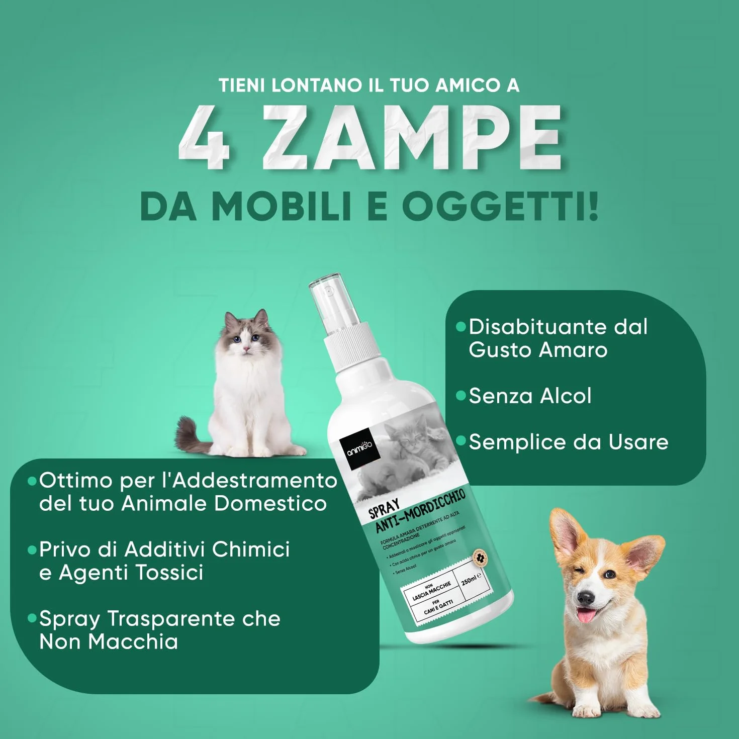 Spray Repellente per Gatti e Cani 250ml, Sapore Amaro, Dissuasore per Gatti e Cani, Spray Anti Graffi Gatto e Cane con Ingredienti Naturali, Disabituante Gatti, Spray Repellente Per Cani Senza Alcool