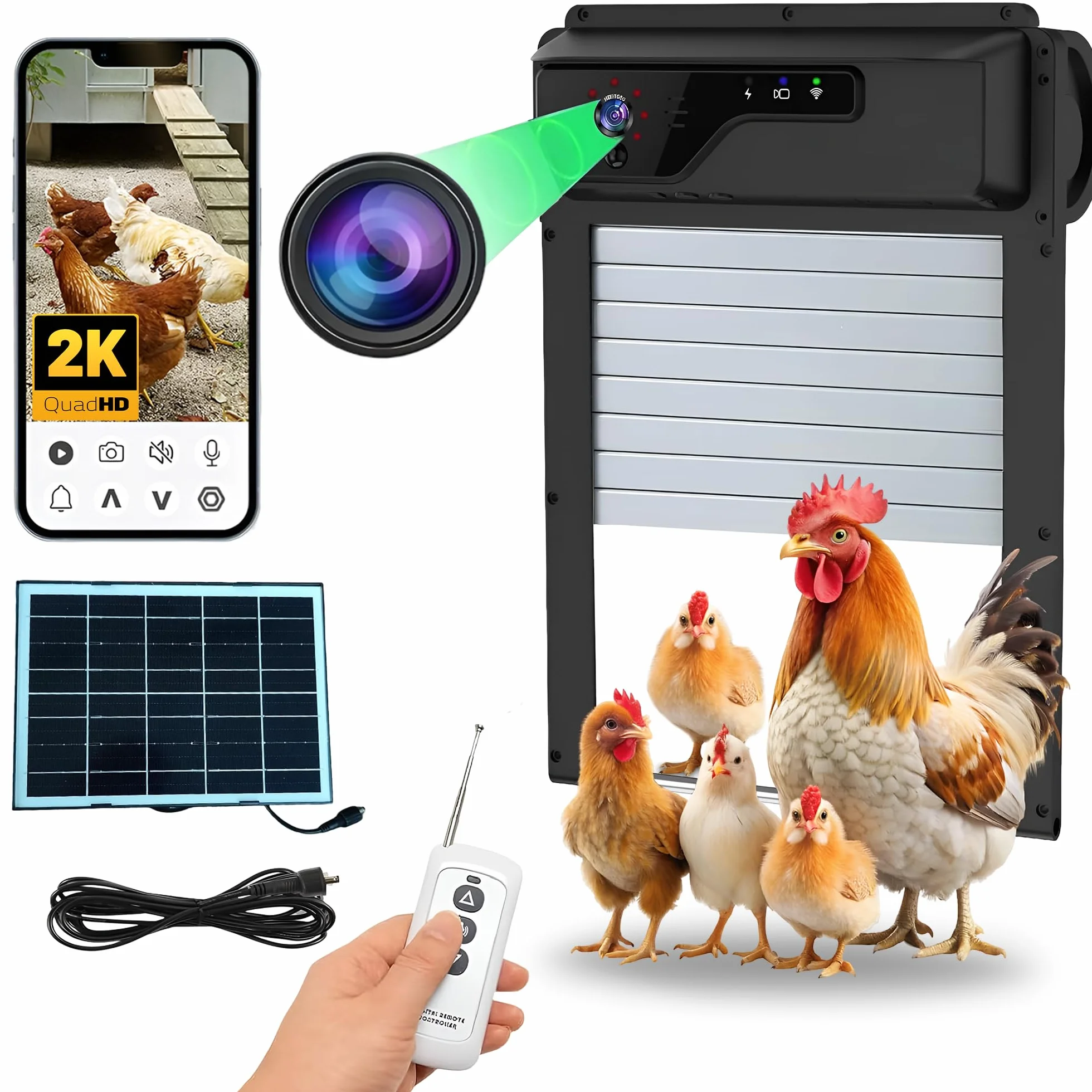 Automatic Solar Chicken Coop Door with Camera 1080P HD Remote Night Vision Motion Detector 8W Battery Powered 5000 mAh