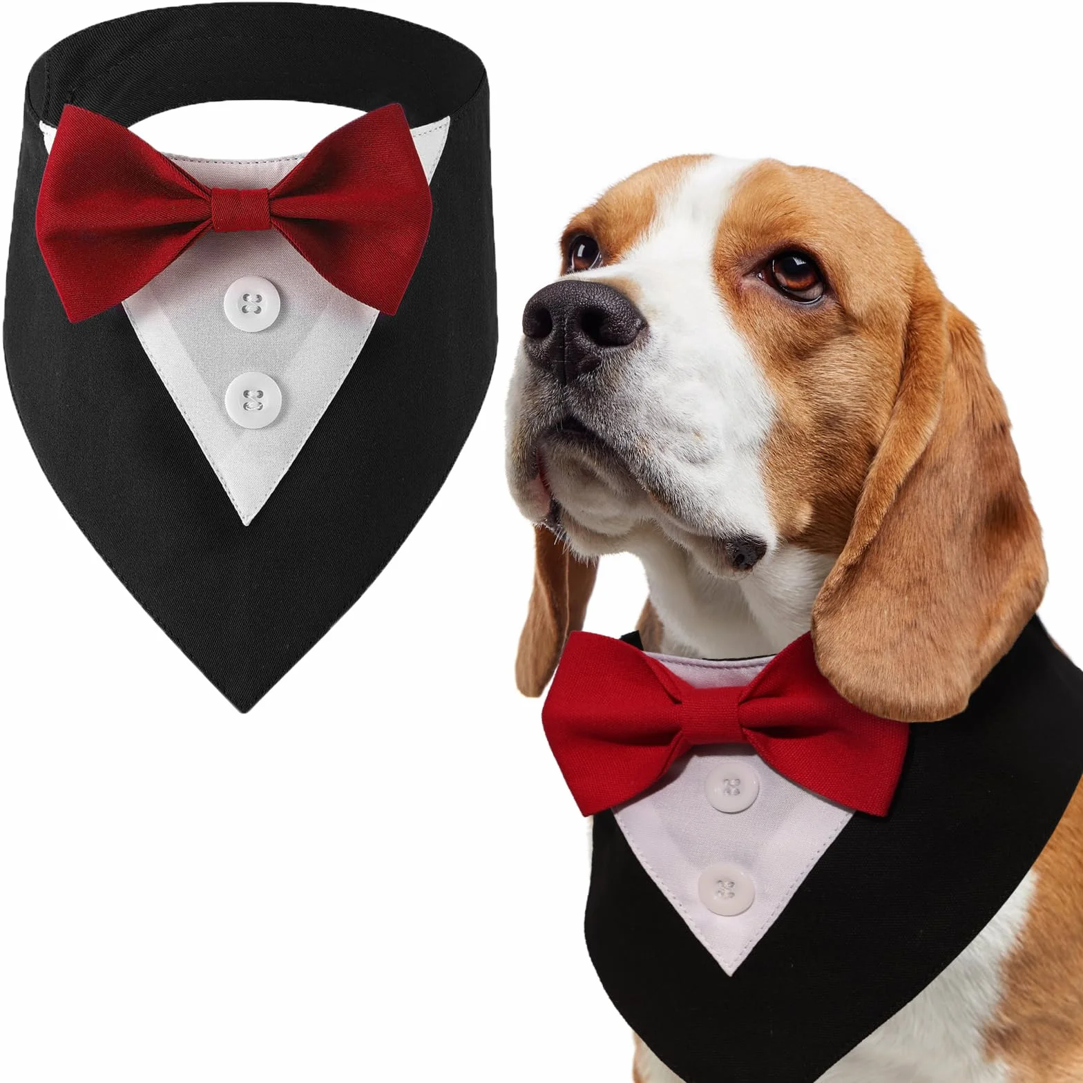 Papillon Cane Matrimonio - Bandana Cane Regolabile Natale Personalizzato Smoking Sciarpe del Cane Natalizia, Cravatta per cani, Accessori Feste Compleanno Cani, Nero+Rosso Fiocchetti, L