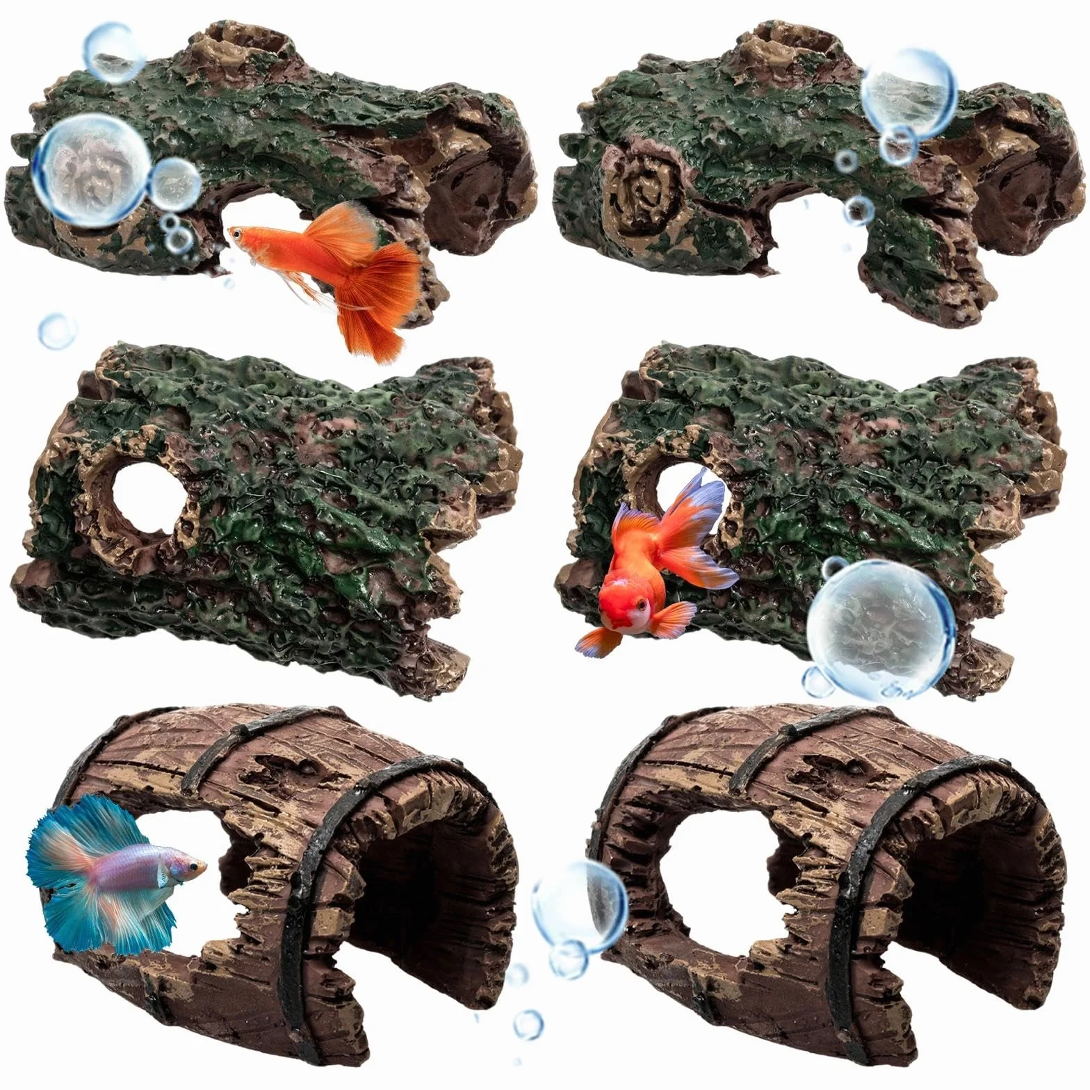 6 Pezzi Resina Decorazioni Acquario Rocce per Acquario Tronchi Legno Decorativi Legno Decorazione Tronchi d'Albero Cavi Grotte Nascondiglio Ideale per Betta Gamberetti Vasche