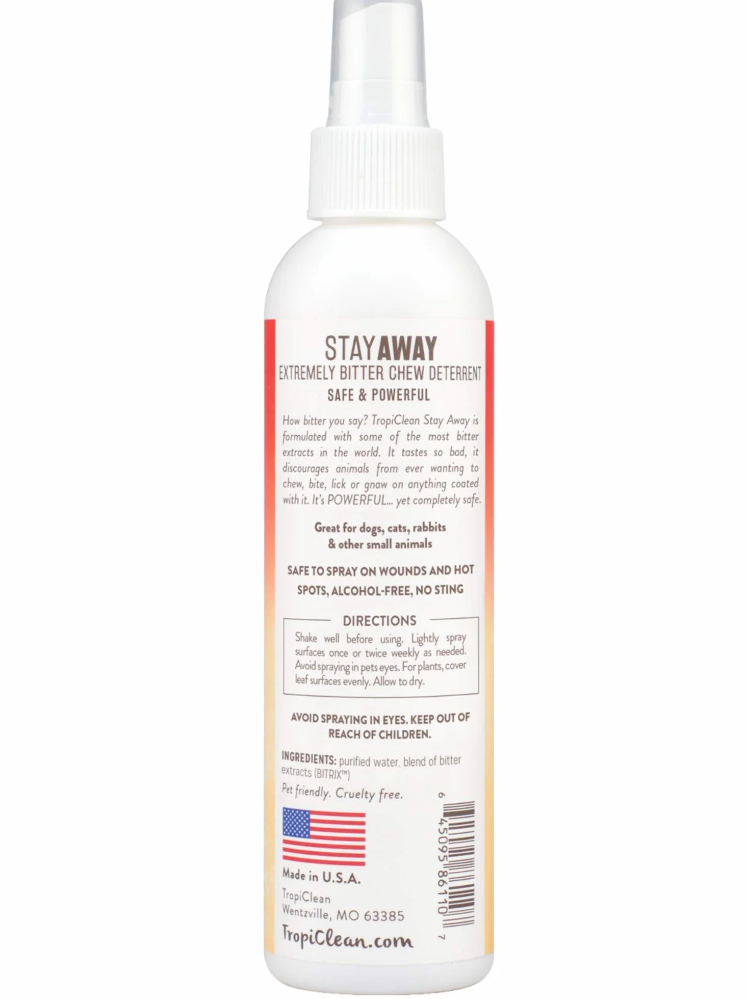 TropiClean Stay Away Spray Repellente e Disabituante per Animali Domestici - Senza Alcool - Sicuro su Ferite, Mobili, Piante - Estremamente Amaro, 236 ml