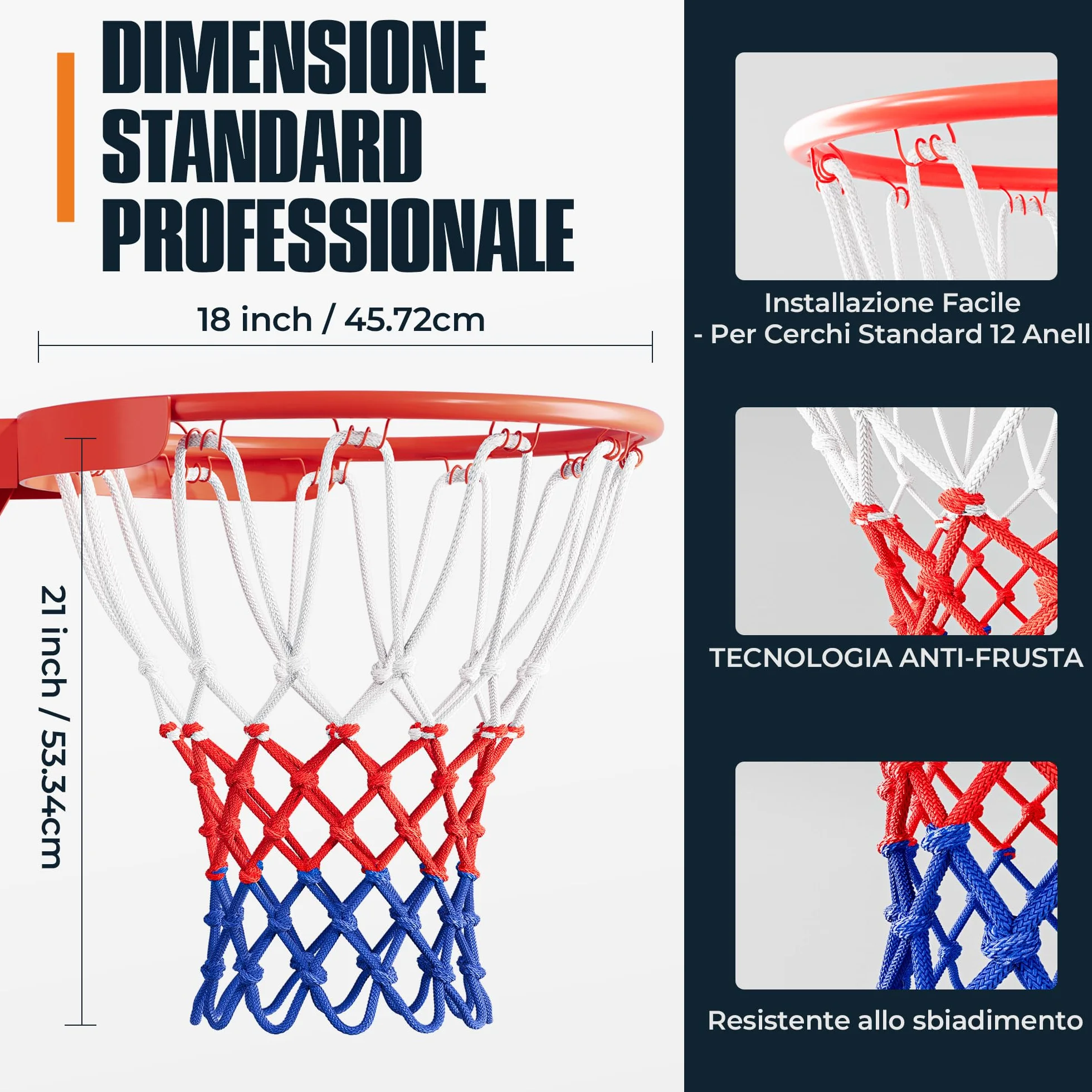 Rete per Basket Professionale 150g, Rete Resistente per Canestro Esterno, 12 Ganci, Bianco Rosso Blu