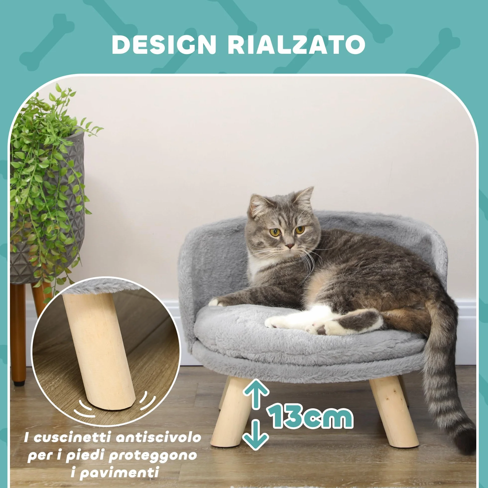 PawHut Lettino per Cani Taglia Media di 5 kg Massimo Rotondo, Divano per Cani in Tessuto di Peluche e Legno con Cuscino Extra Lavabile in Cotone PP, Ø40.5x33 cm, Grigio