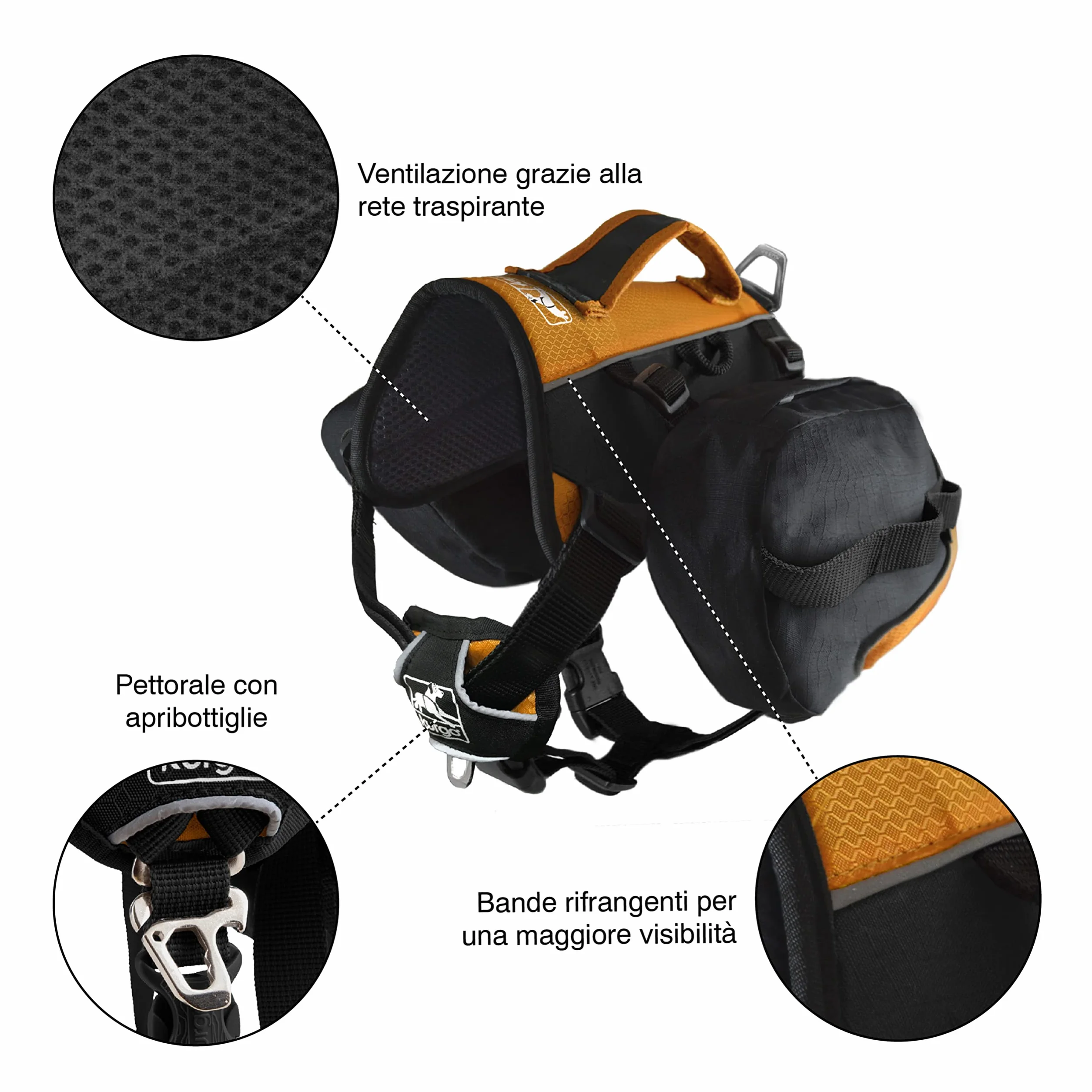 Kurgo Baxter - Zaino per Cani da Escursione con Supporto Ergonomico per la Schiena, Carico Bilanciato e Borse Laterali Resistenti - Per Cani 14–39 kg - Nero e Arancione