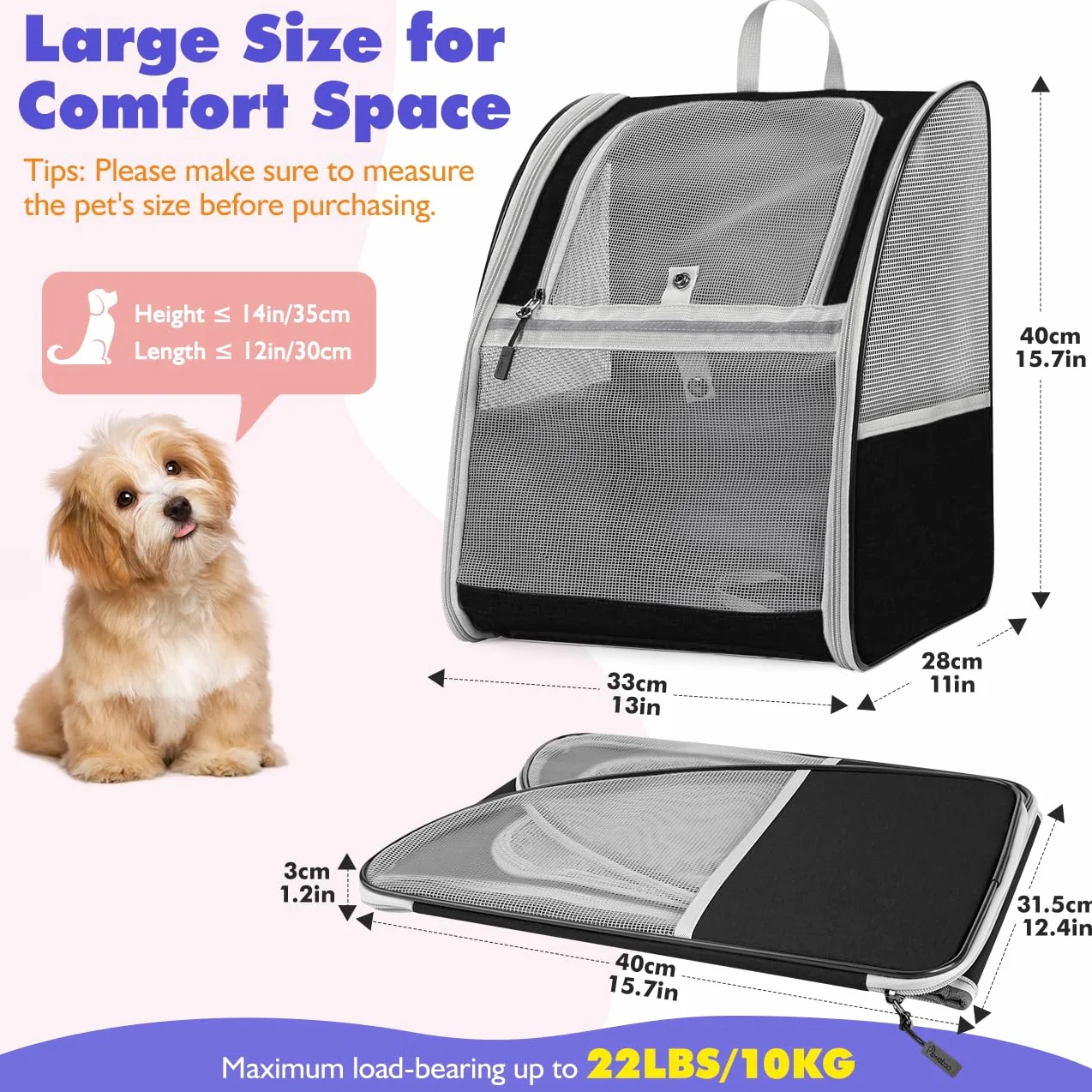 Pawaboo Zaino per Gatti Cani da Viaggio Fino a 10 kg, Contenitore Traspirante Nero