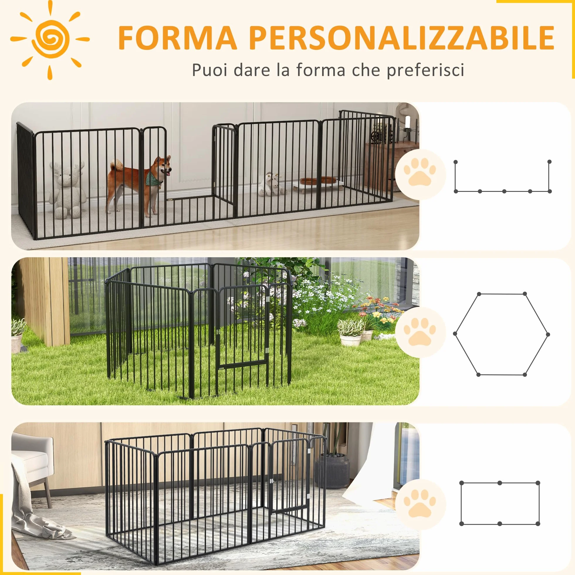 PawHut Box per Cani Taglia Media e Piccola a 6 Pannelli Modulabili da Interno ed Esterno, Cancello per Cani in Acciaio con 9 Picchetti, 164x83x80 cm, Nero