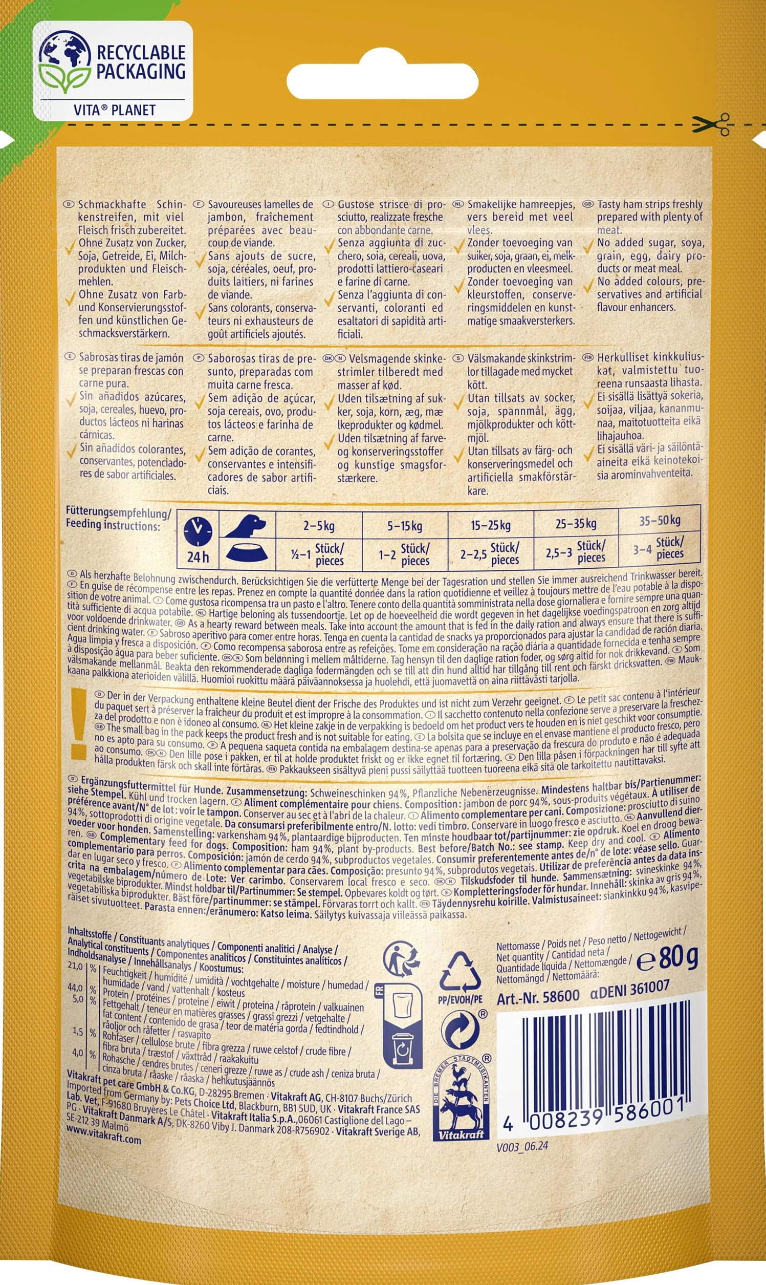 Vitakraft Pure Ham Strips, snack cane, strisce di prosciutto con carne di maiale, snack per l’addestramento del cane, senza zuccheri aggiunti (1x 80g)