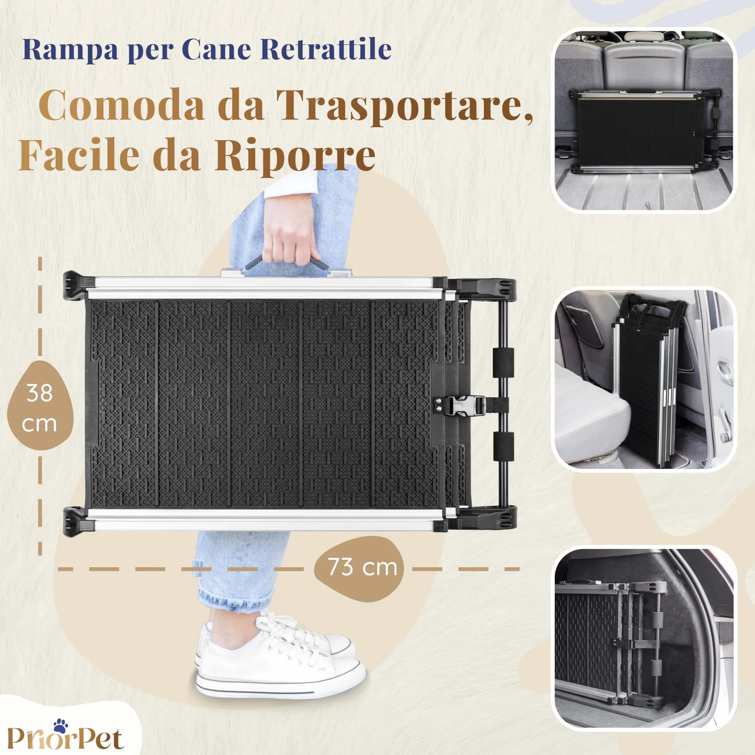 Rampa per Cani per Auto, SUV – Rampe Telescopiche Estensibili per Cani di Grossa Taglia – STABILI – ANTISCIVOLO – Sicurezza Notturna Lati Riflettenti – Capacità 90 kg – Clip di Bloccaggio – Nero