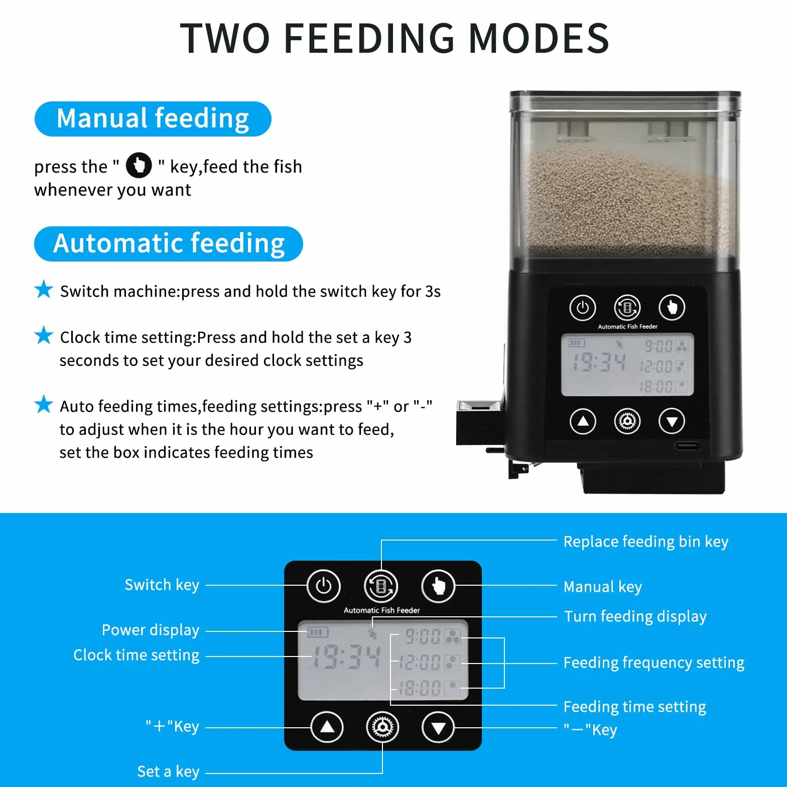 Podazz Alimentatore automatico per pesci, ricaricabile, con timer, con display LCD, 320 ml, alimentatore elettrico per pesci a prova di umidità, per il fine settimana in vacanza