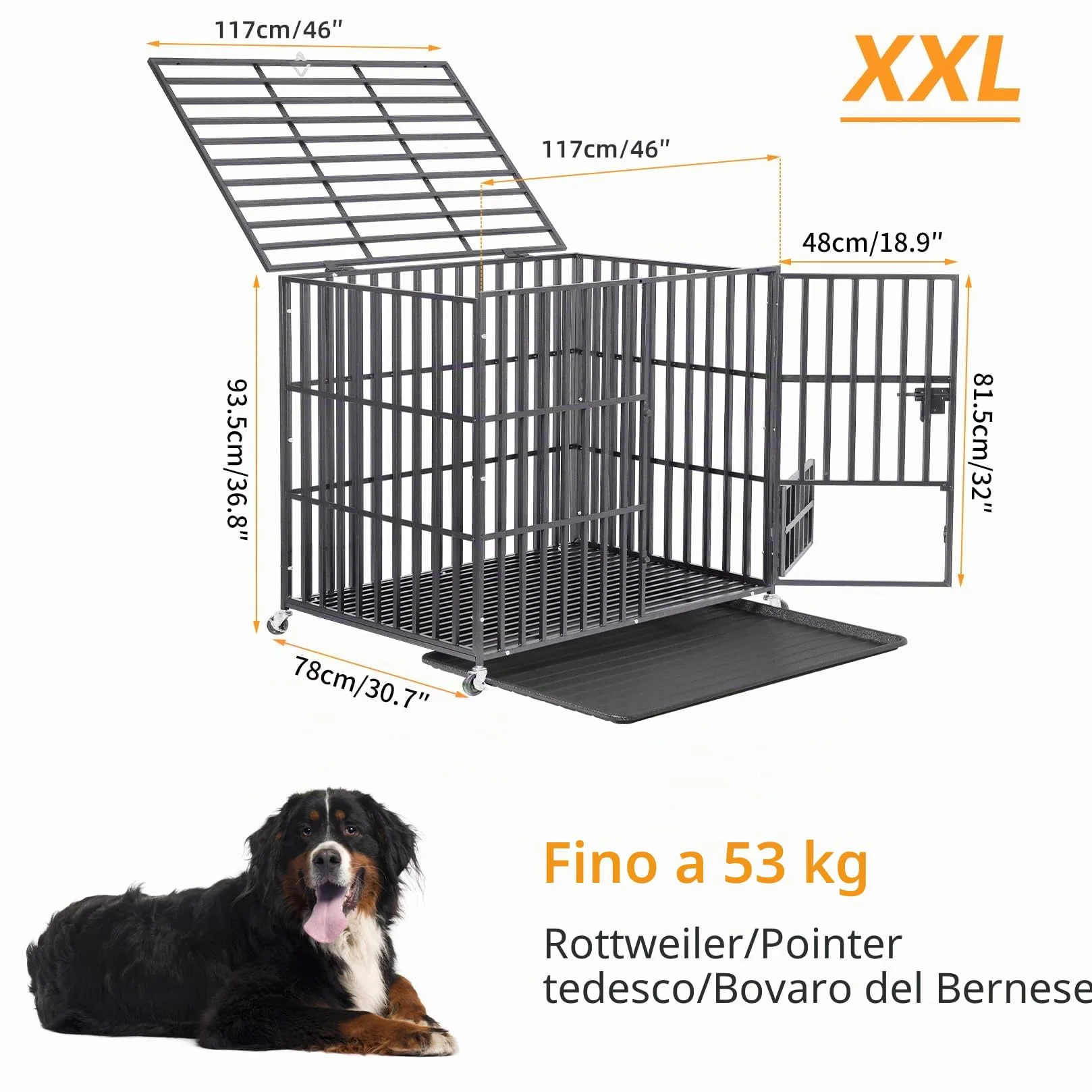 BingoPaw Gabbia Robusta per cani Antimorso XXL Gabbia Rinforzata per cani Grossa Taglia Grande Kennel Cane con Ruote Metallo 117x84x86,5cm
