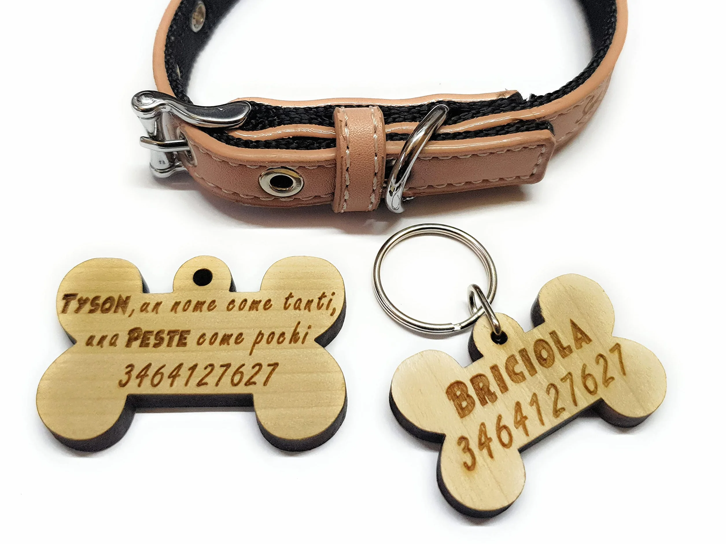 Medaglietta per cani a forma di osso in legno personalizzabile 2 formati