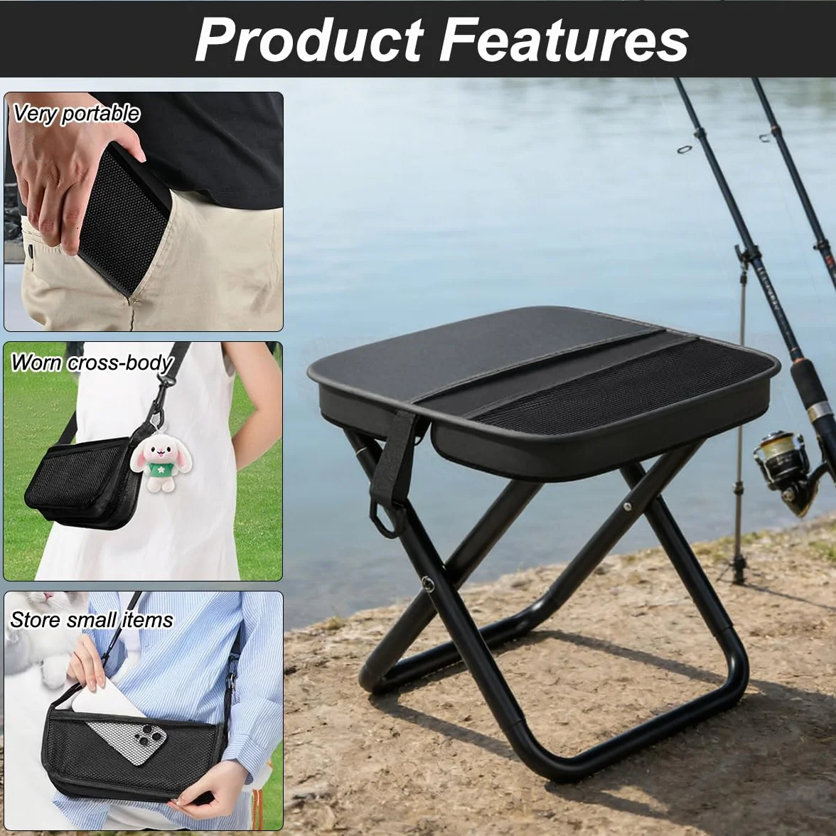Sgabello Pieghevole Portatile con Cinghia e Borsa per Campeggio, Pesca, Viaggi