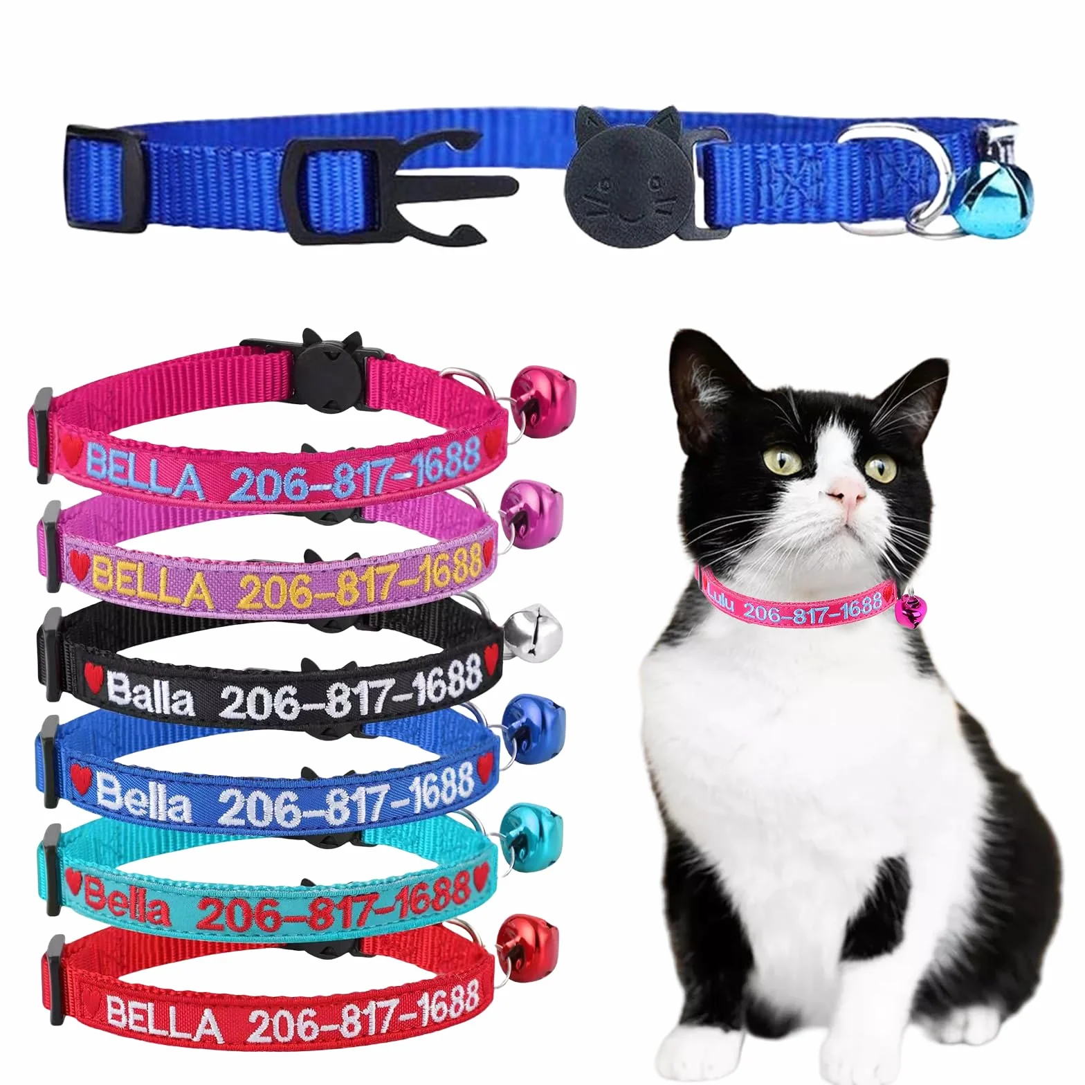 2 Pezzi Collare per gatti personalizzato, collari per gatti identificativi ricamati con nome e numero di telefono, collare in nylon per fibbia di rilascio di sicurezza con campanello