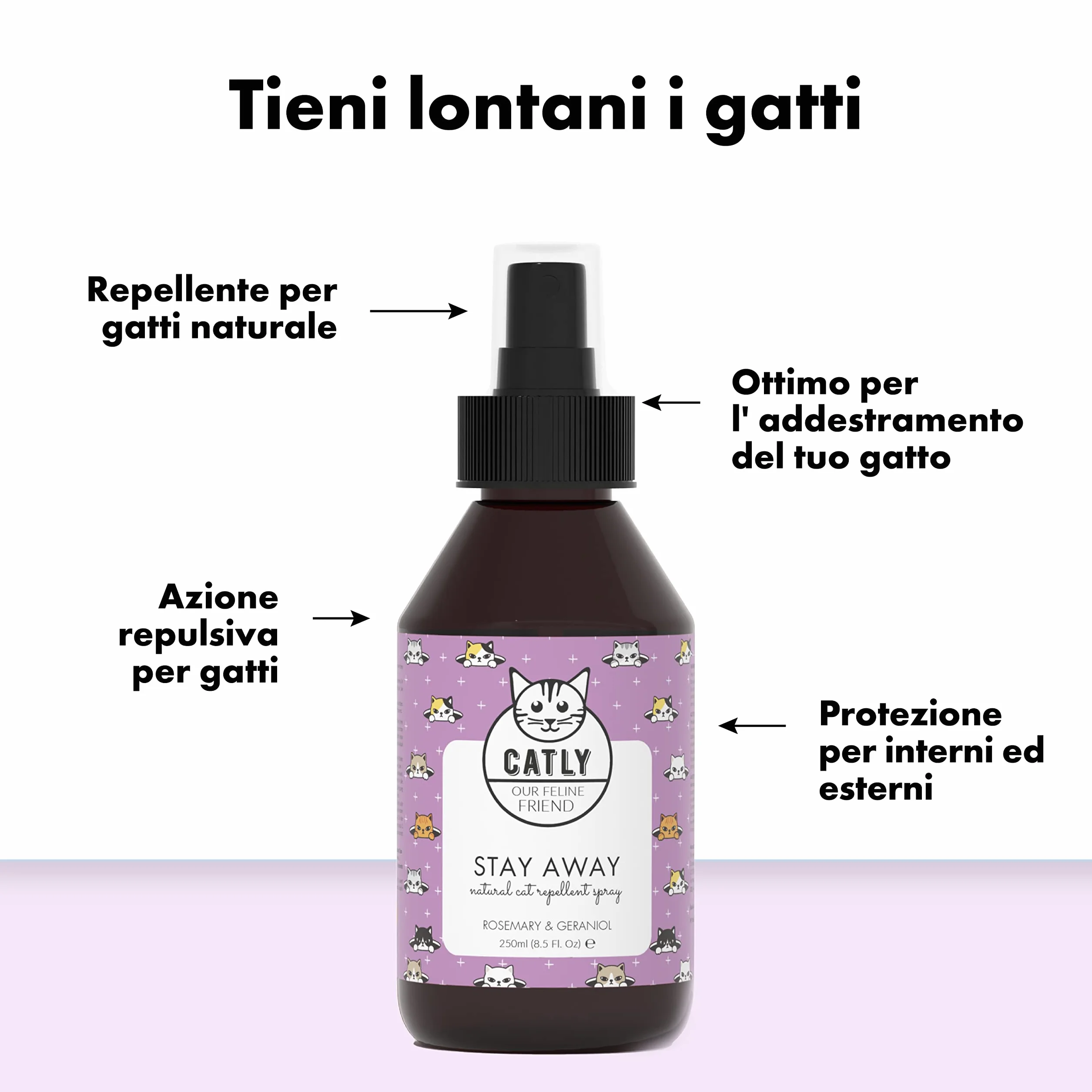 Catly Spray Repellente per Gatti da Esterno - Disabituante Gatti con Oli Essenziali - Spray Anti Gatto per Divano Anti Graffi - Dissuasore per Gatti, Alternativa Naturale a Ultrasuoni per Gatti, 250ml