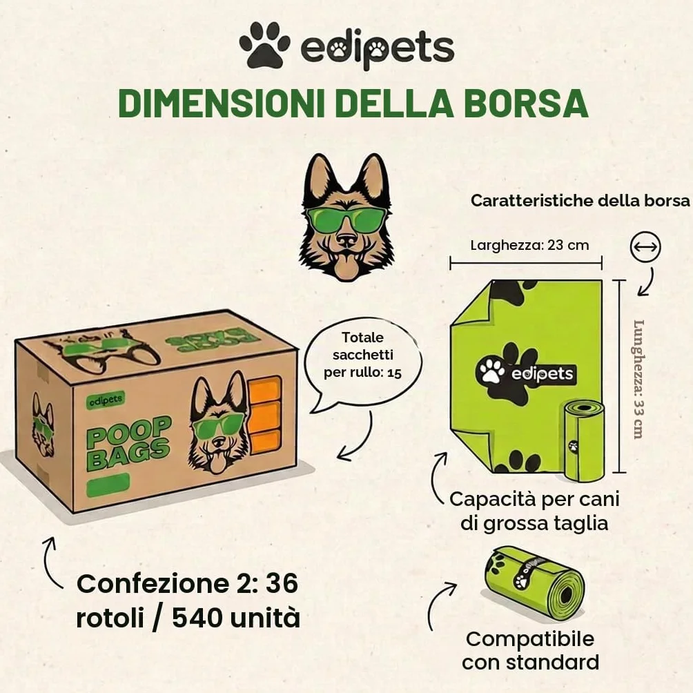 Edipets Sacchetti Cane Biodegradabili 540 pezzi Extra Spesso a prova di Perdite non Profumati