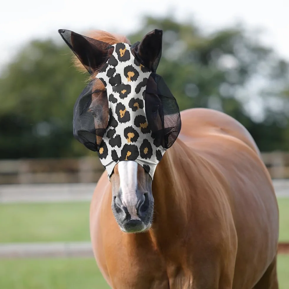 Maschera Antimosche per Cavallo, Maschera Mosche Cavallo Rete Morbida con Paraorecchie, Elasticità Maschera da Mosca per Cavallo con Protezione UV, Anti Mosca, Zanzare(stampa leopardata)