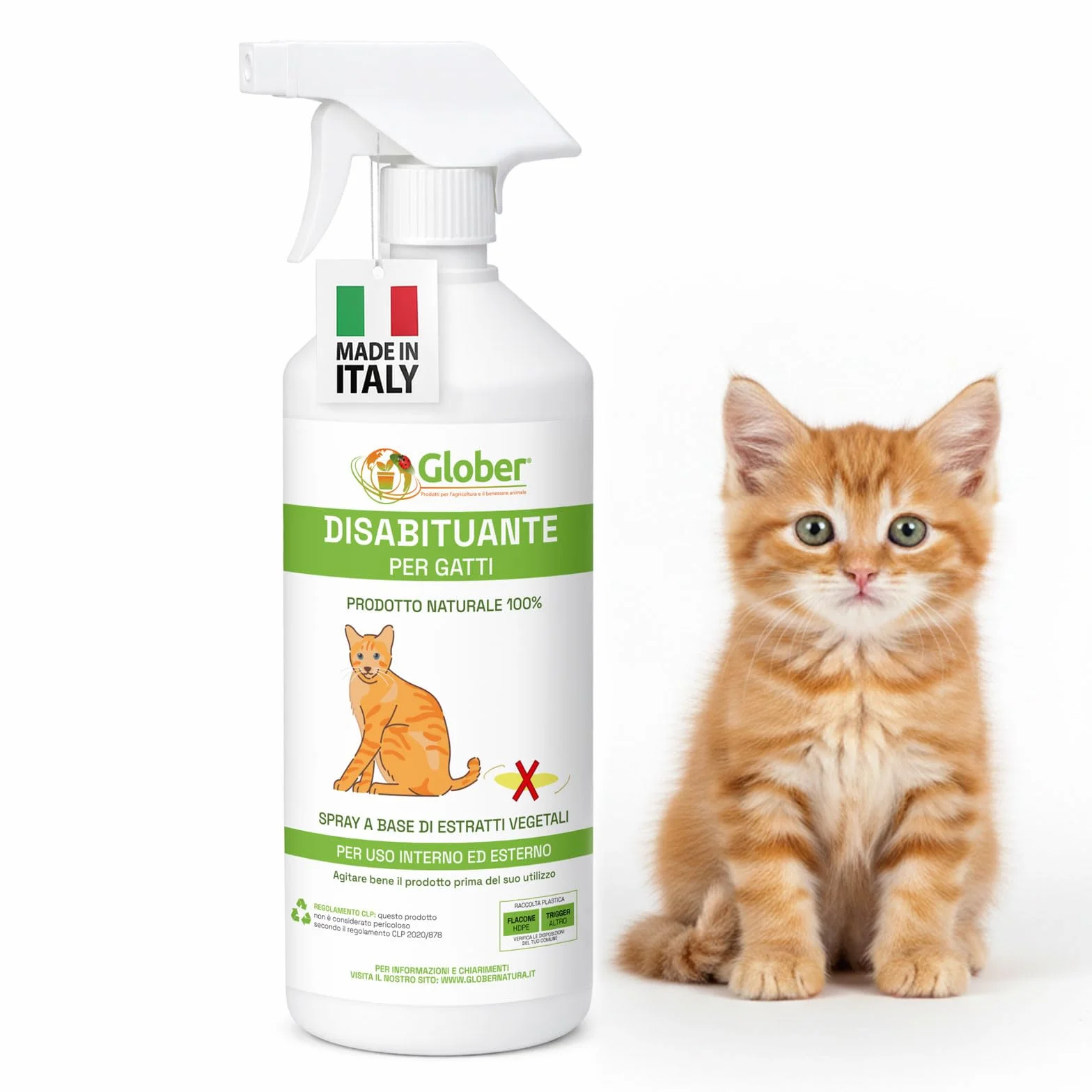 GLOBER Disabituante per Gatti Anti Urina - Spray 750ml - Made in Italy, 100% Base Vegetale per Interni ed Esterni - Addestrativo Urine Stop Gatto - Dissuasore Gatti e Elimina i Cattivi Odori
