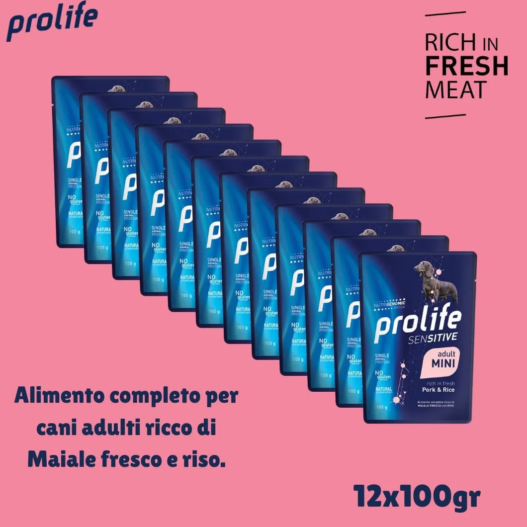 Prolife Umido Cane Sensitive Adult Small Mini 100gr, alimento completo per cani Adulti di tutte le taglie gusto MAIALE e RISO | 12 bustine da 100 grammi l’una.