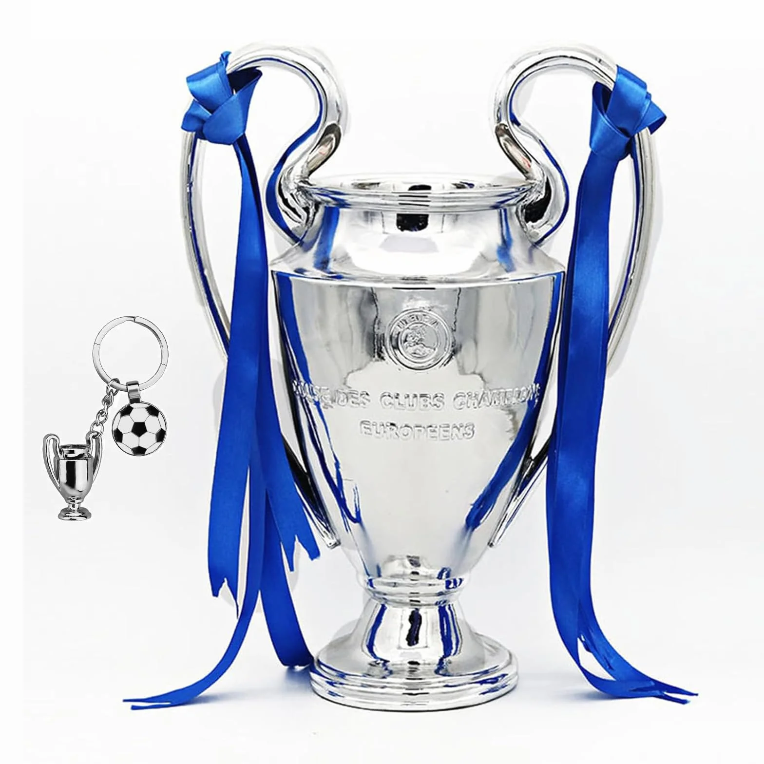 Trofeo Europeo del Campione di Calcio, Replica in Resina della Coppa della Lega San Bernardo, Argento con Nastri Blu per la Squadra della Lega Sportiva (32 cm/13 pollici), LG202407061735