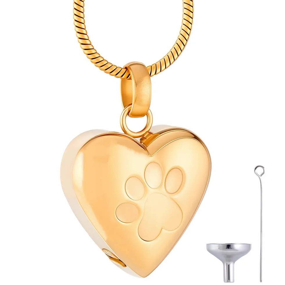 CREATCABIN Collana Urna A Forma Cuore per Ceneri Gioielli per Cremazione Donna Acciaio Inossidabile Impronta Zampa Animale Domestico Ciondolo Commemorativo Impermeabile Famiglia Amici 21.5×19mm