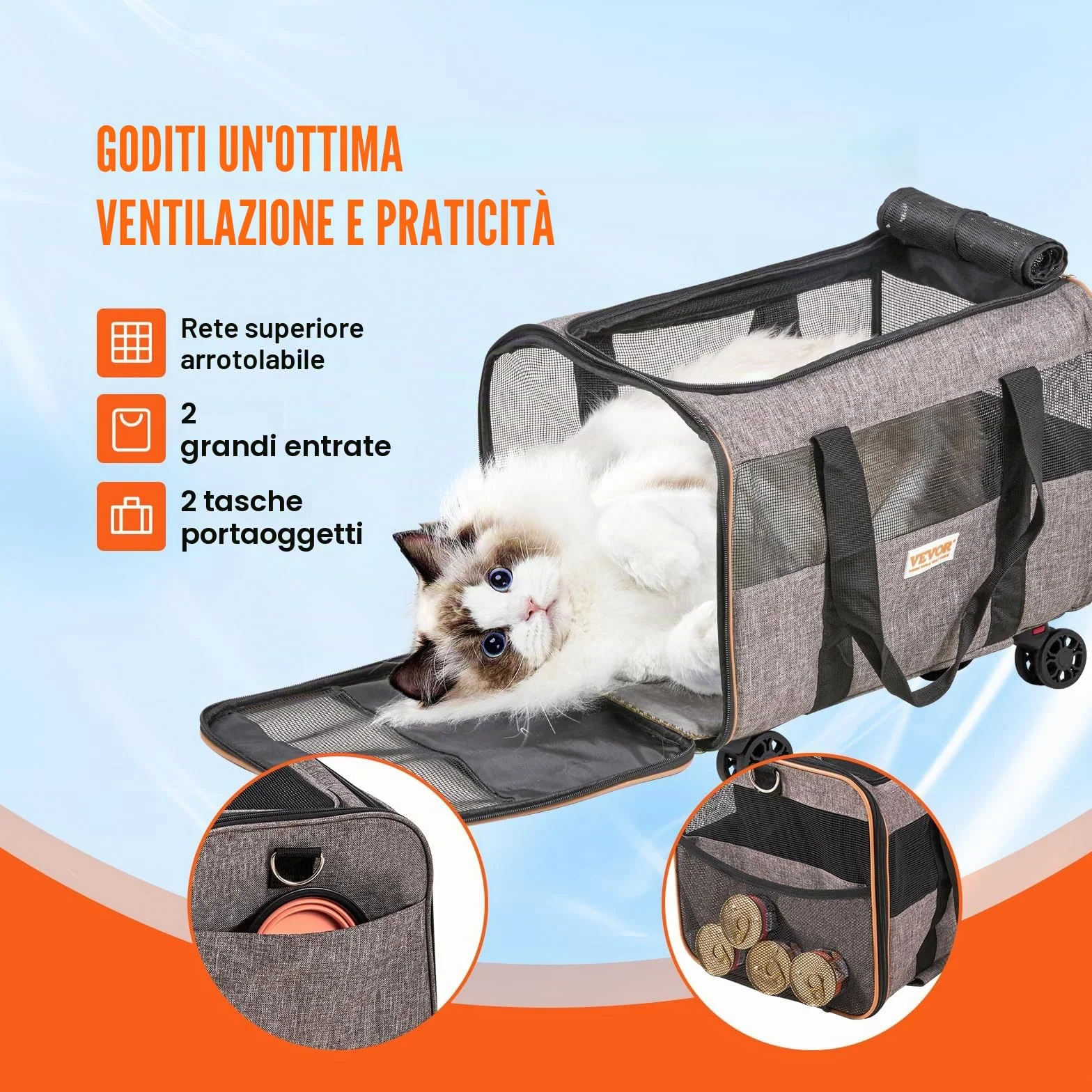 VEVOR Trasportino per Cani e Gatti con Maniglia Telescopica e Ruote, Carico Massimo 9,9 kg Borsa Porta Animali Domestici Approvato dalla Compagnia Aerea, Tessuto Oxford 600D Cerniera Autobloccante