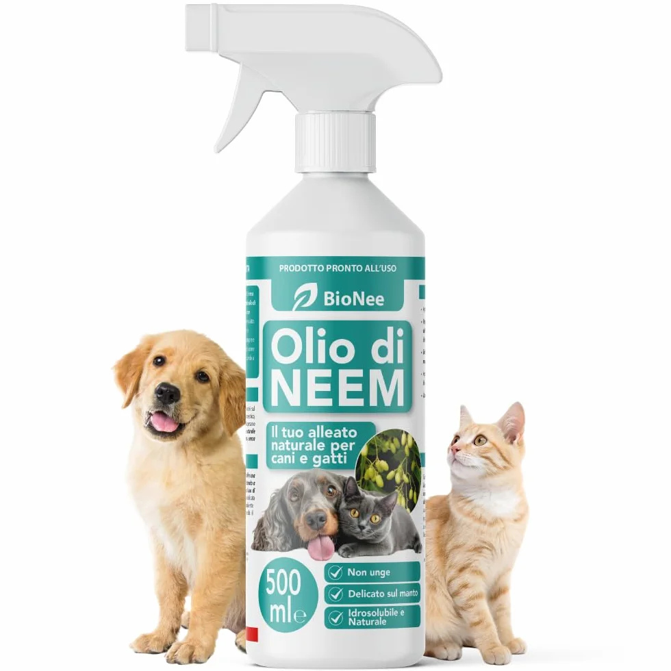 Olio di Neem per Cani e Gatti Spray 500 ml – Idrosolubile, Naturale, Non Unge – Azione Delicata, Effetto Barriera Sgradito a Zecche Pulci Zanzare Insetti