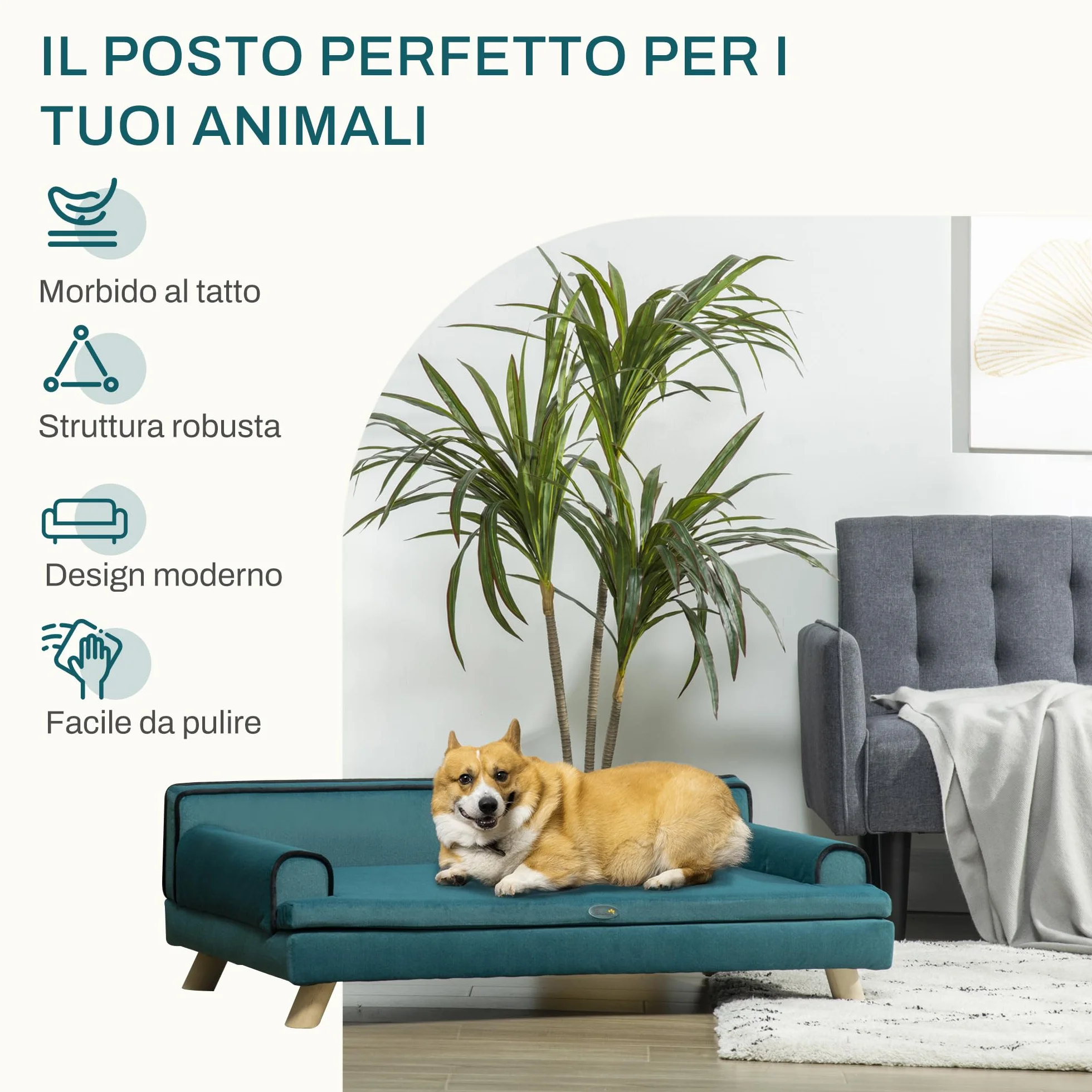 PawHut Divano per Cani Grandi con Imbottitura e Rivestimento Morbido, Cuccia per Cani con Rivestimento Lavabile e Gambe in Legno, Verde Scuro