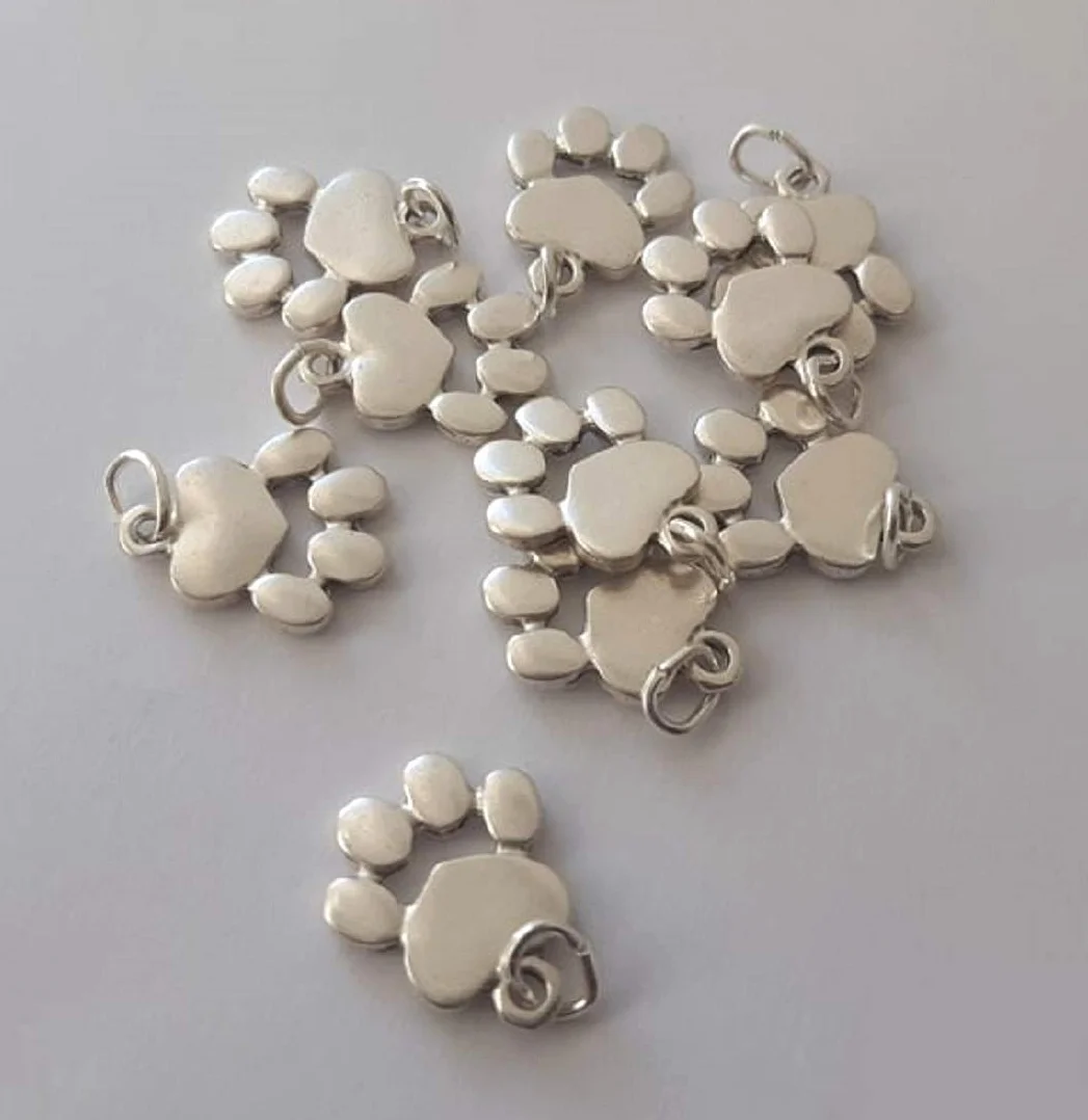 Ciondoli Zampetta Cane e Gatto Placcati Argento 10 Charm Fai da Te Gioielli Bracciali Zampa Cucciolo 1,6 cm