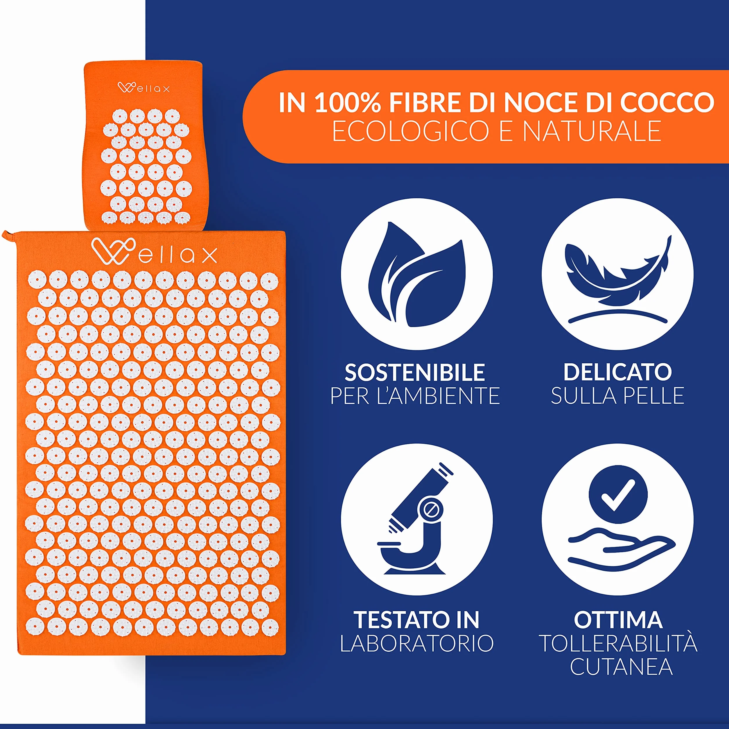 Tappetino per agopressione Wellax con cuscino - allevia specificamente la tensione e favorisce la circolazione - tappetino da massaggio in set con cuscino