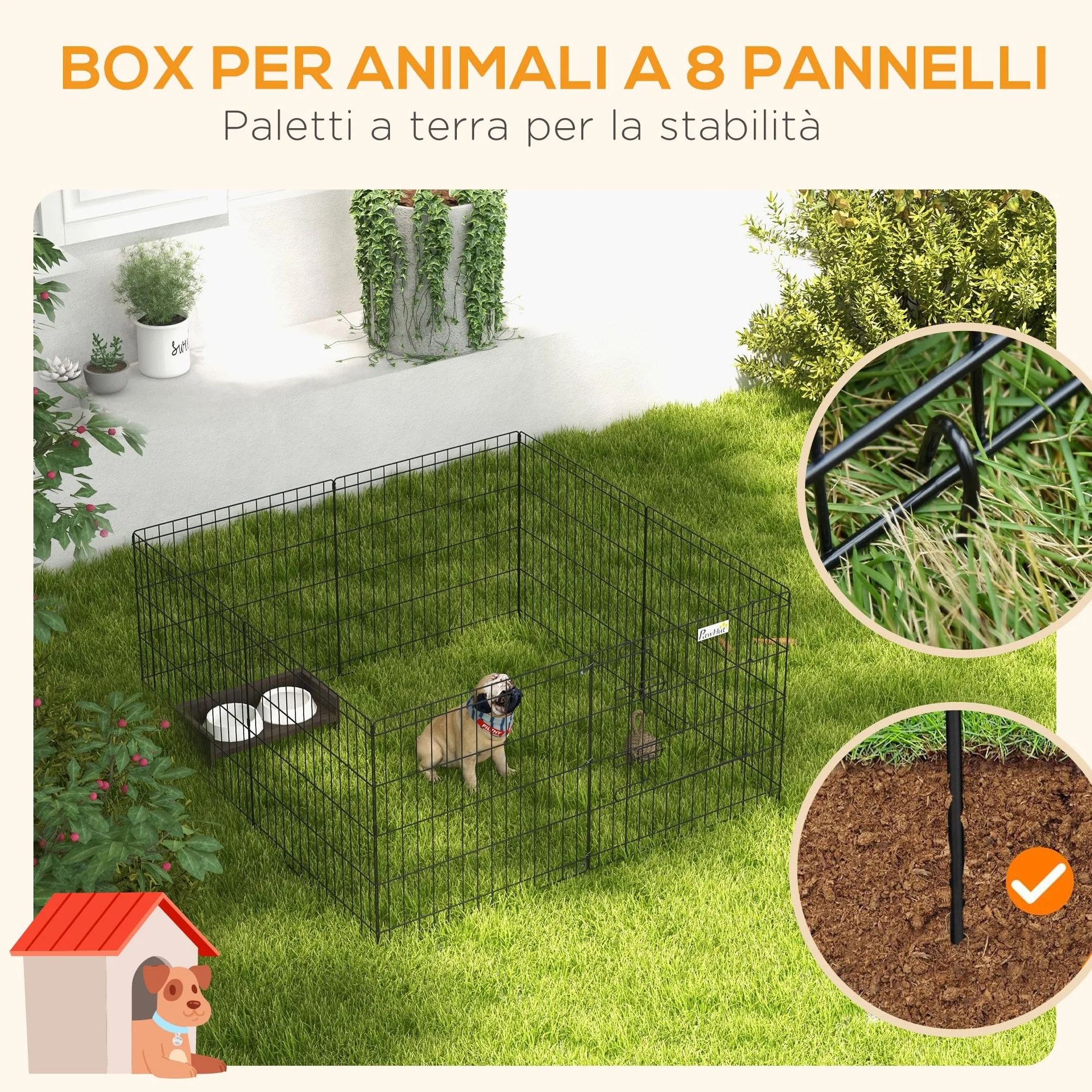 PawHut Recinto per Cani da Esterno e Interno, Recinzione Box 8 Pannelli a Rete con Porta 61 x 61cm, Nero