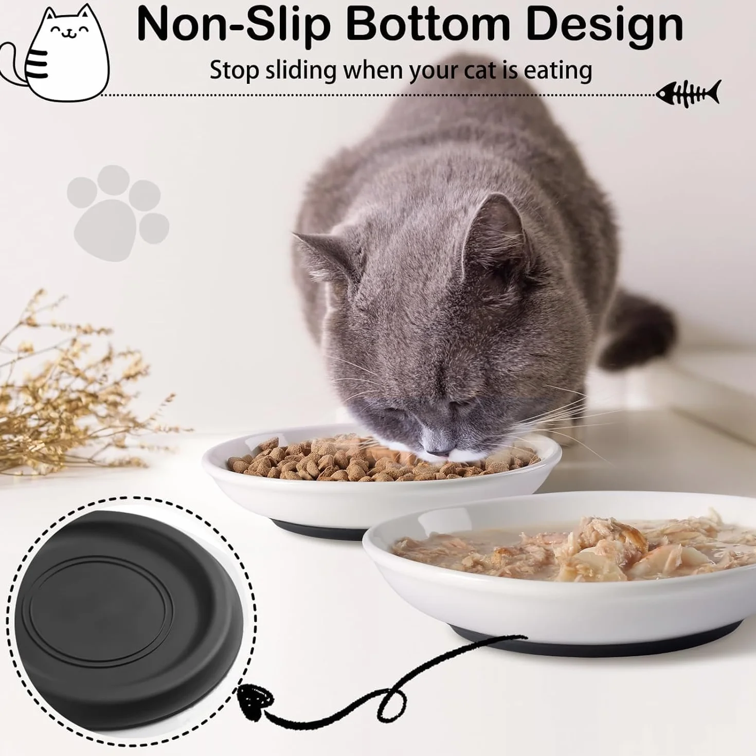 Auauraintt 3 pezzi Ciotole per gatti in ceramica, con base in gomma antiscivolo, Ciotola Piatta Gatti per Alleviare l'affaticamento Dei Baffi, per gatti e piccoli animali