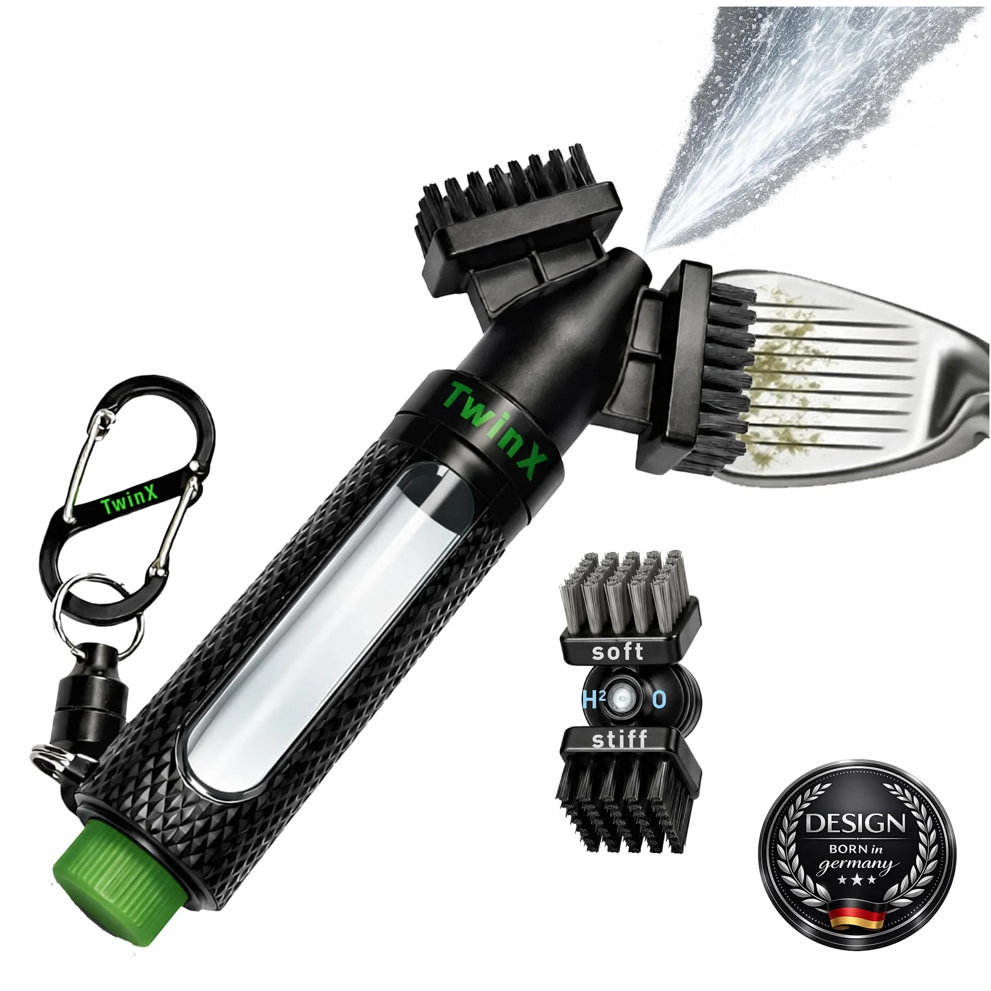 Spazzola da golf Premium con serbatoio acqua e funzione spray, doppia setole, magnete e moschettone
