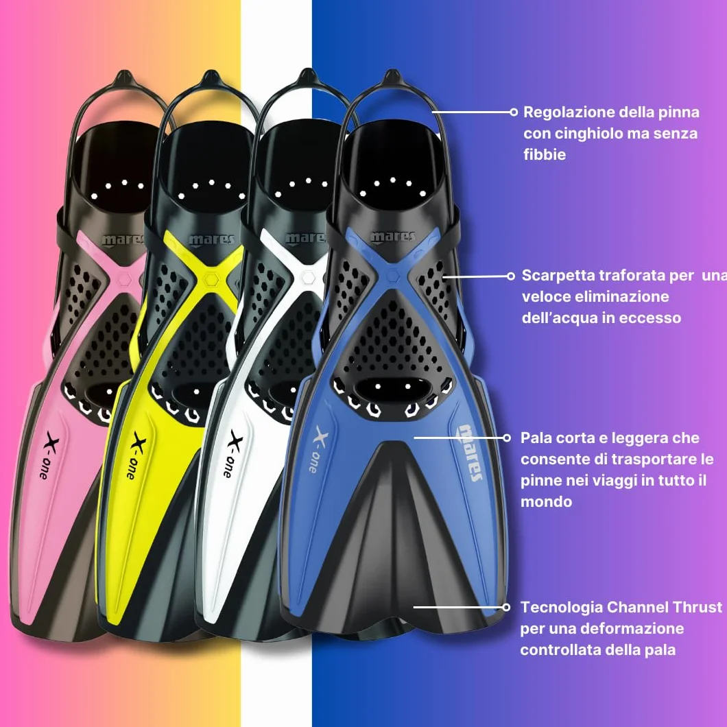 Mares X-One Junior Pinne snorkeling corte per bambini, scarpetta aperta perforata, cinghia senza fibbia