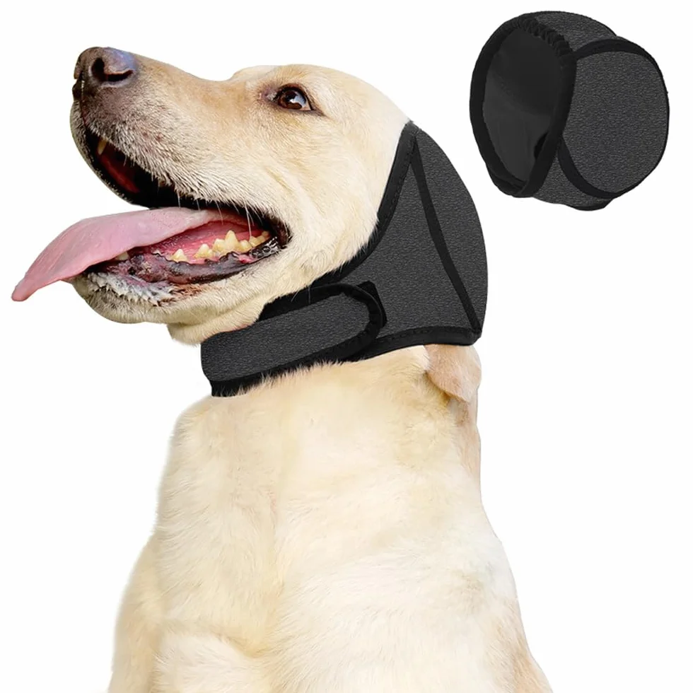 Paraorecchie Cane Scudi Confortevoli Anti Ansia Sollievo dal Rumore Snoods con Nastro Autoadesivo Regolabile per Cani Grigio L