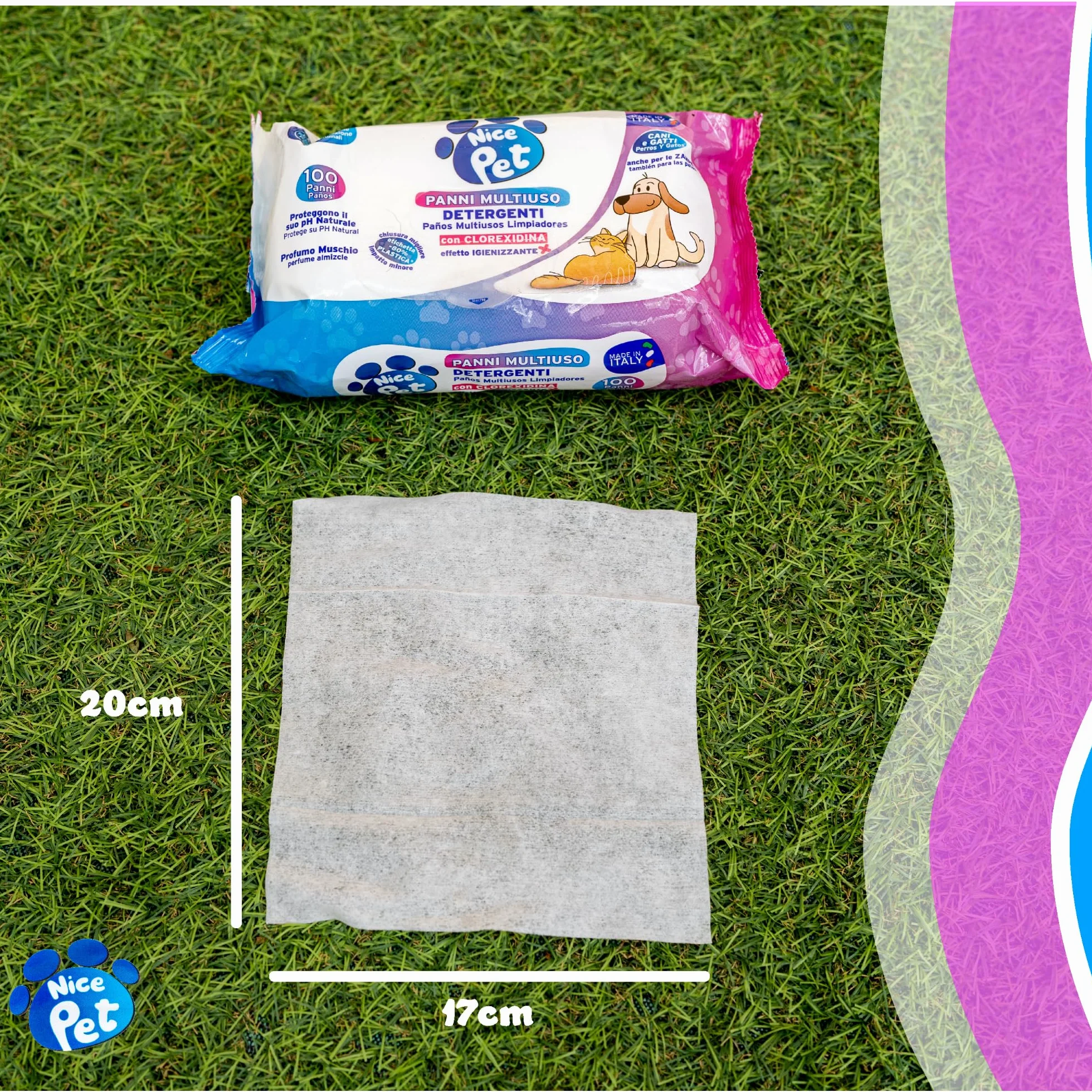 Nice Pet Salviette Multiuso Detergenti Igienizzanti per Cani e Gatti 100 Salviette Umidificate