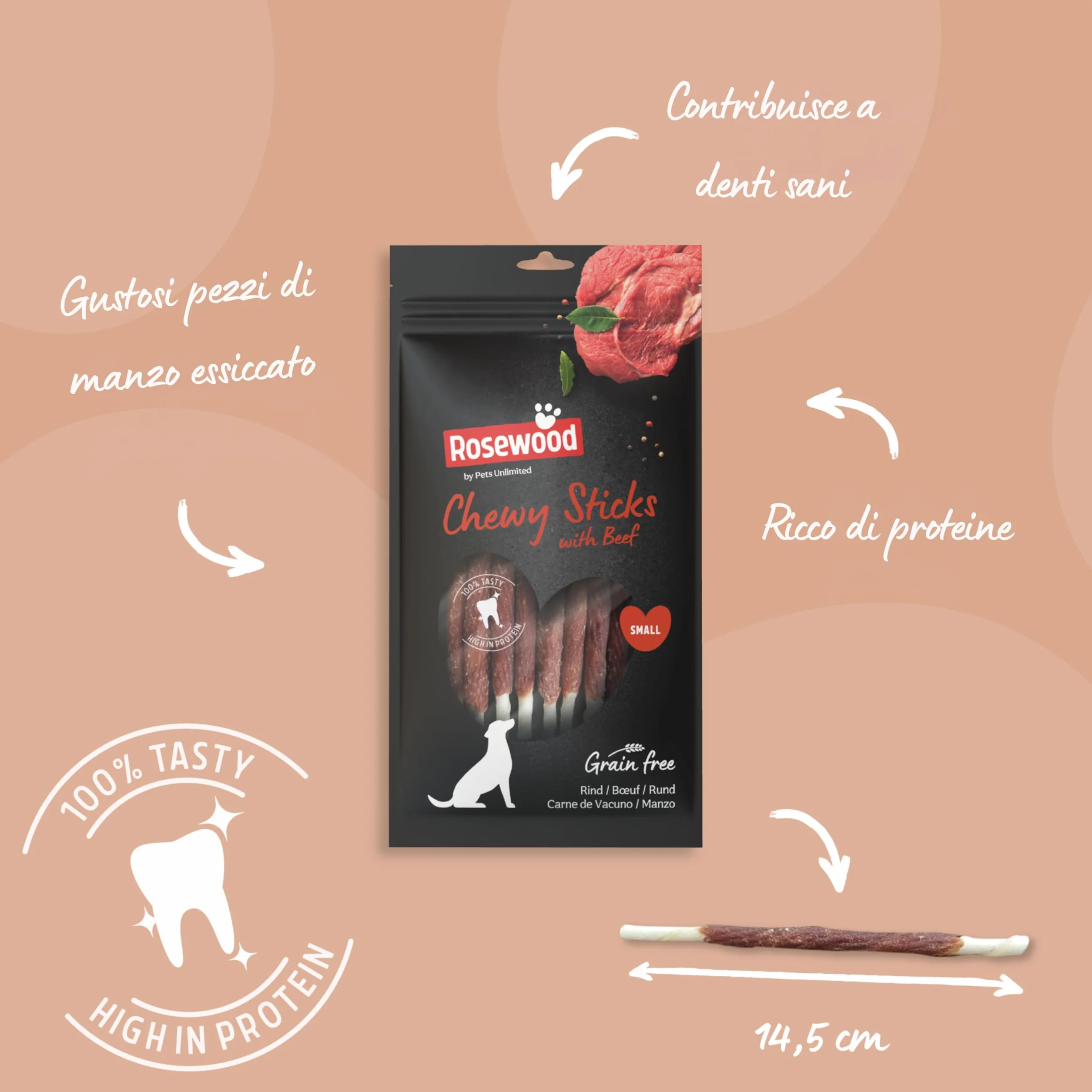 Rosewood Chewy Sticks Manzo Small - Bastoncini da masticare per cani con carne di manzo, supporta la cura dei denti, senza cereali, glutine e additivi artificiali, confezione da 6 (6x72 g)