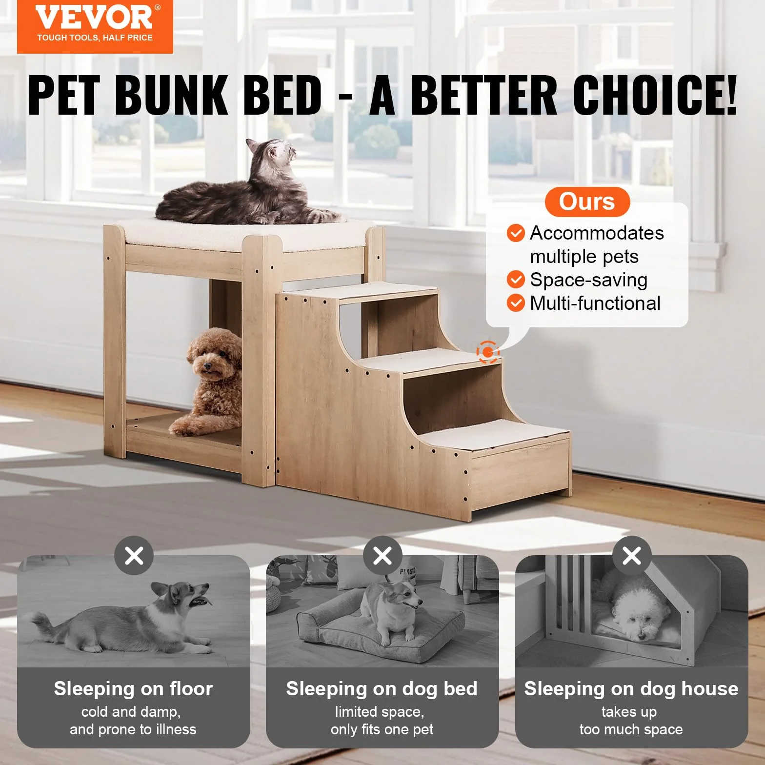 VEVOR Letto a Castello per Animali Domestici con Scale, Trespolo per Finestra per Cani/Gatti, Piattaforma Rialzata con Cuscino in Schiuma, Beige