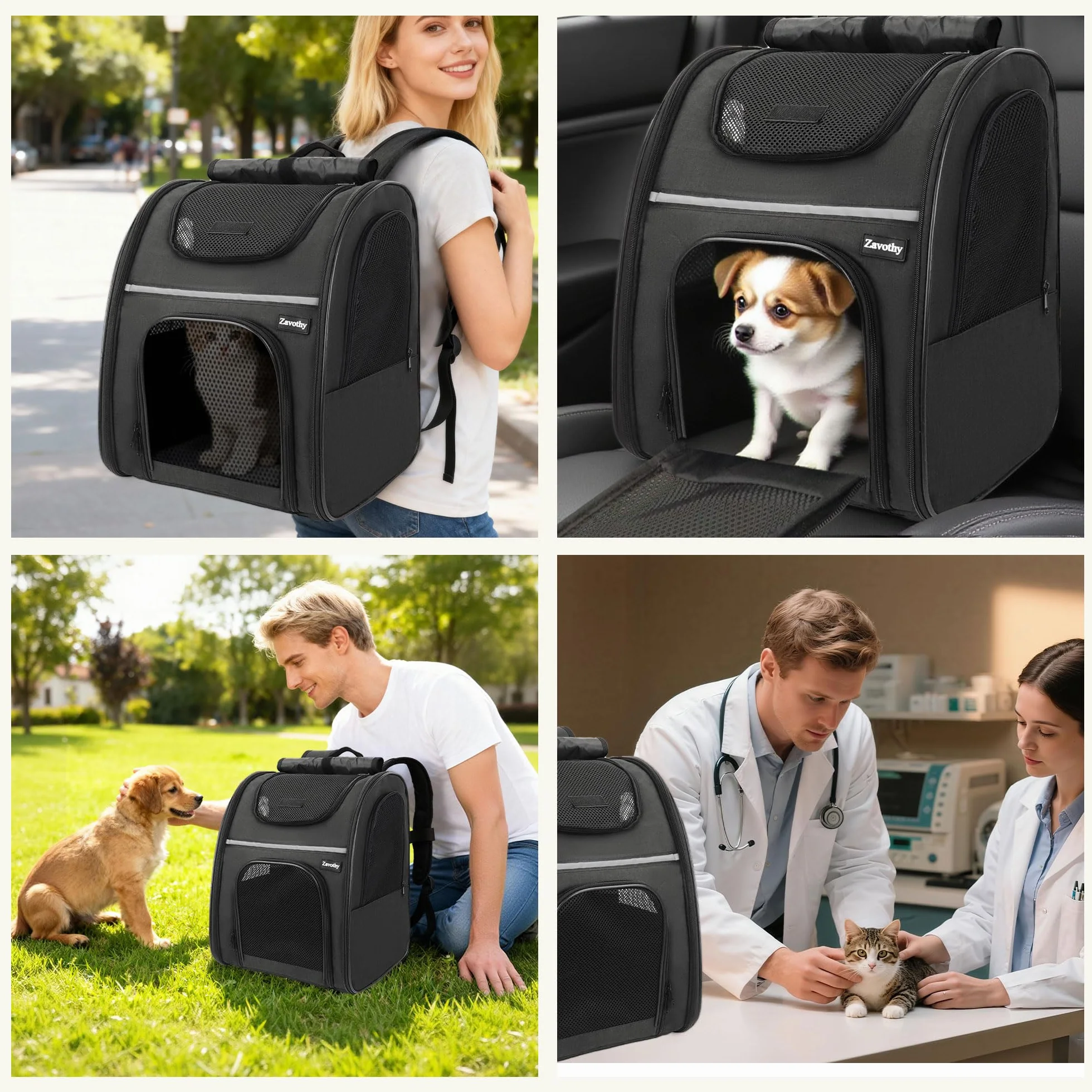 Zavothy Zaino per Cani e Gatti, Zainetto Trasportino Portatile e Pieghevole, con Finestra a Rete e Supporto Imbottito per la Schiena, Traspirante, Carico Massimo 8kg (Nero)