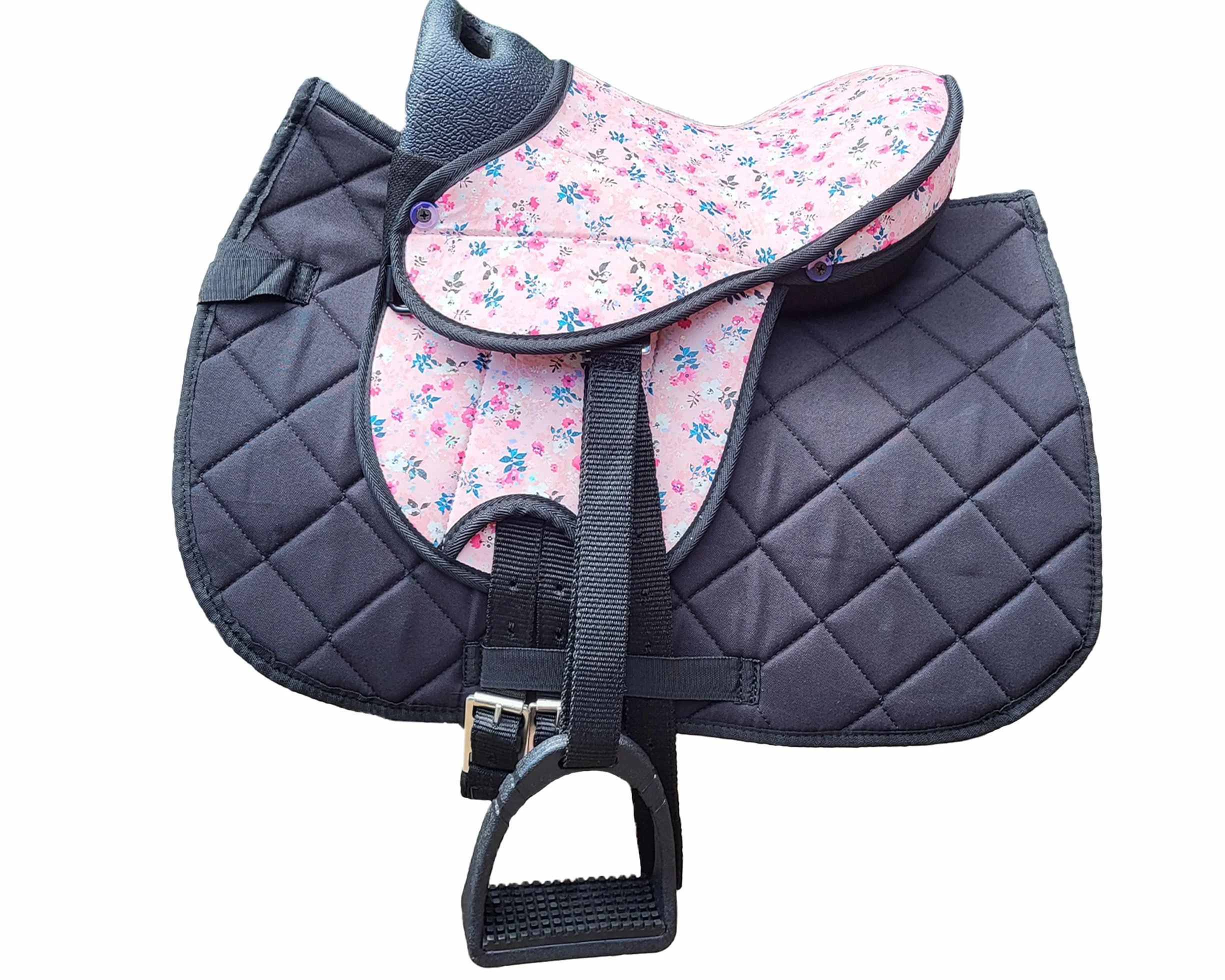 Brama West Shetty - Set di sella per bambini "My Little Pony" | Sella per Shetty Pony cavallo in legno | con copertura per sella, cinghia per sella, staffe e staffe | coperta nero/sella Flower