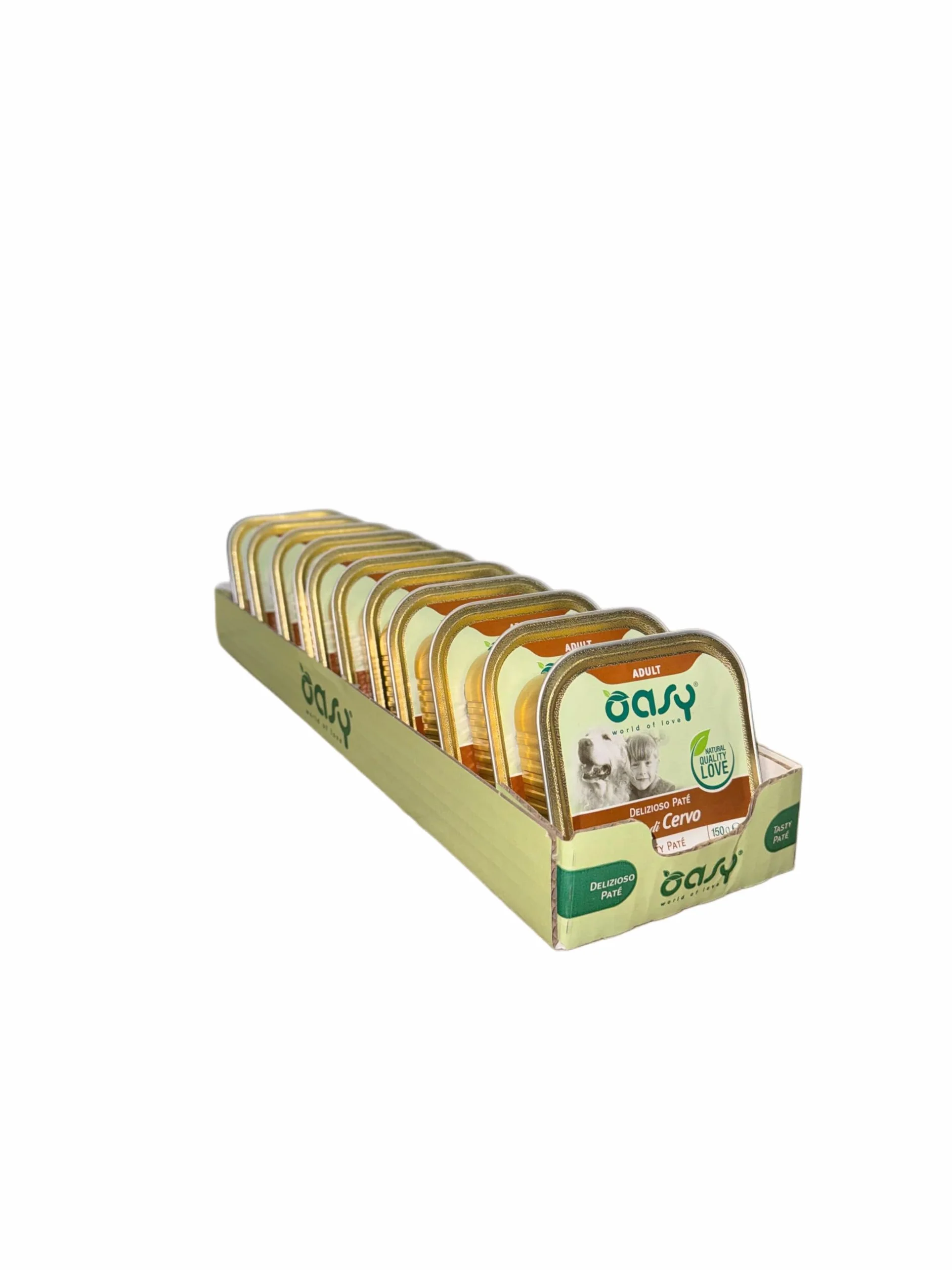 Oasy delizioso patè per cani adulti di tutte le taglie, gusto CERVO | 11 vaschette da 150 grammi l'una.