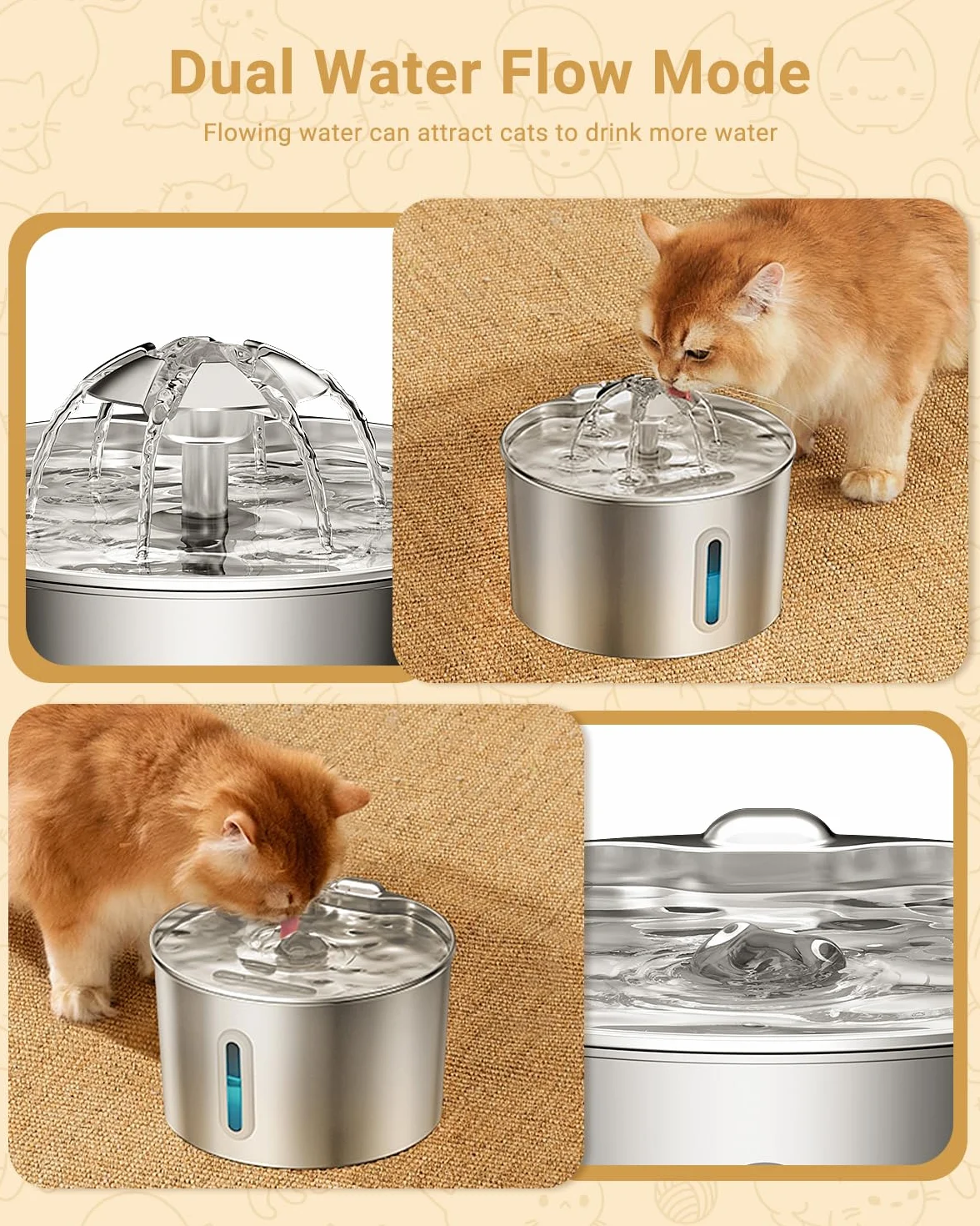 Fontanella per Gatti Acciaio Inox, 2,2L Fontana per Gatti Super Silenzioso, Sistema di Filtraggio Quadruplo, Facile da Pulire, Fontanella Gatto con LED, 3 Filtri a Carboni Attivi