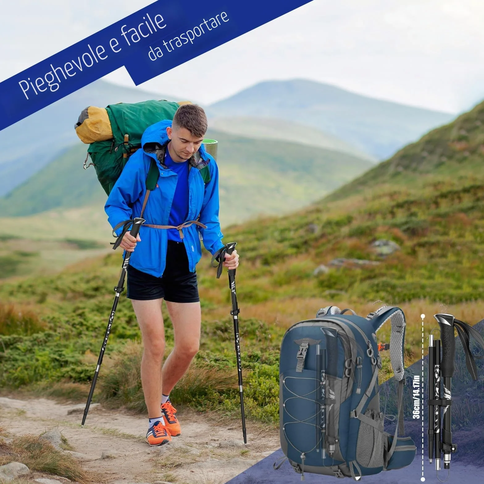 Bastoncini Trekking Pieghevoli in Alluminio Regolabili 110-130cm Nordic Walking 4 Paia Puntali Gomma