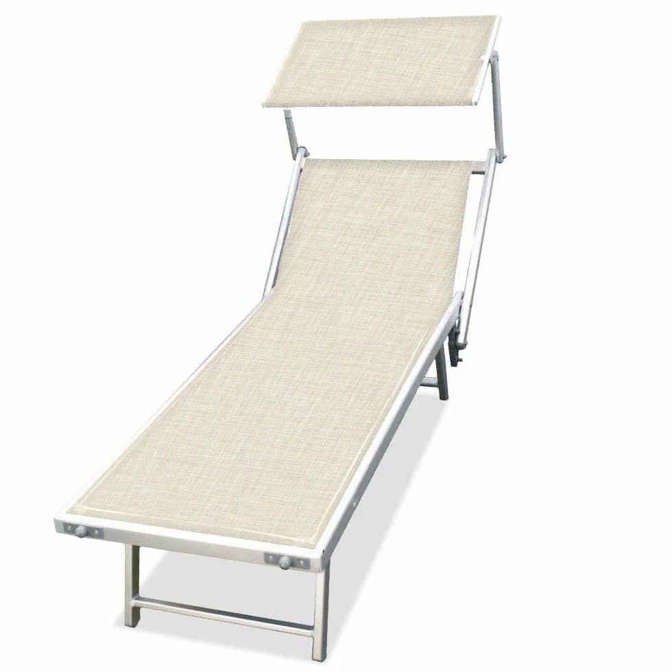BAKAJI Lettino Prendisole Pieghevole da mare Stabilimento Spiaggia Professionale Struttura in Alluminio 190 x 60 x40/90 cm Sdraio Mare Spiaggia Piscina con tettuccio Parasole (Ecru Melange)