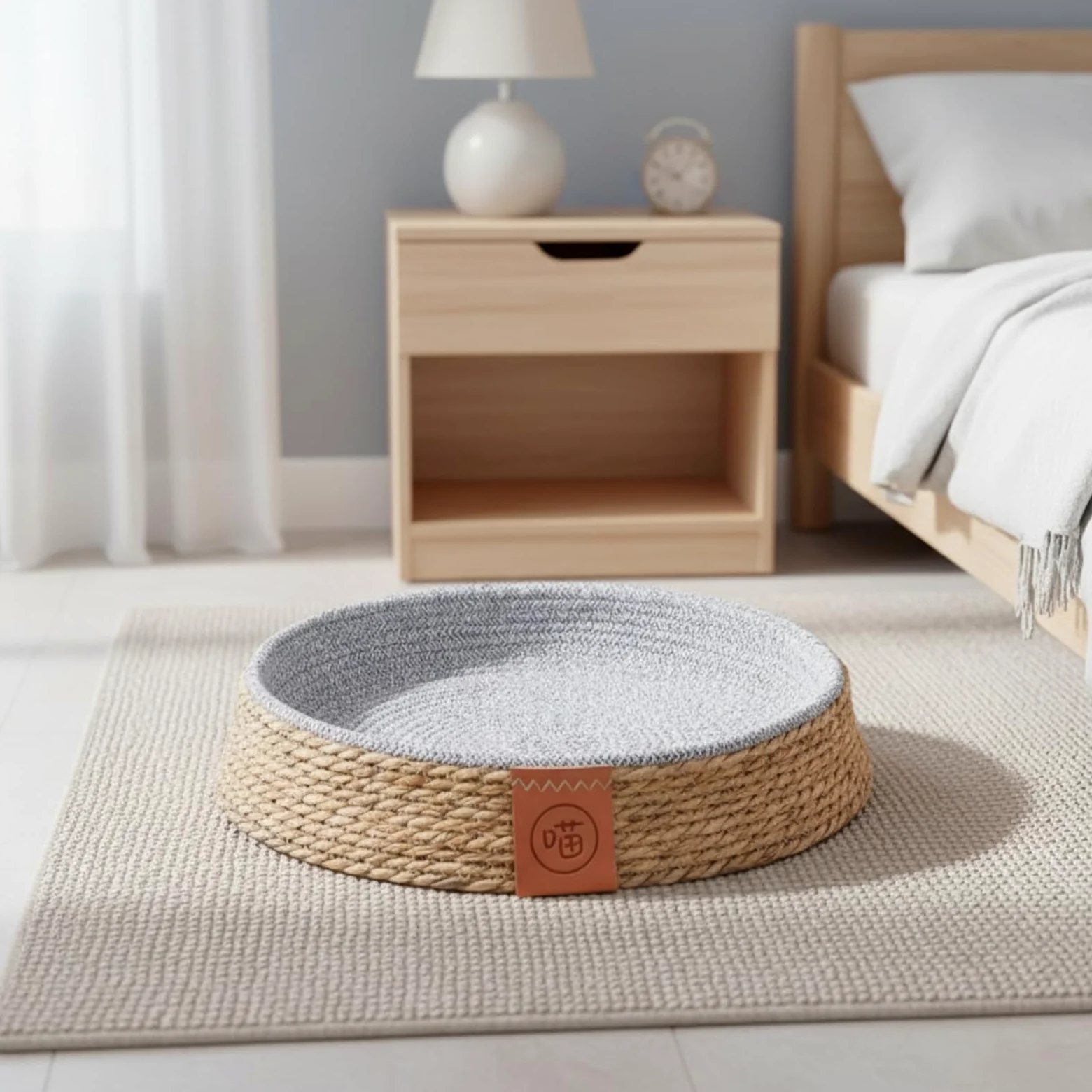 Colcolo Cuccia per Animali Domestici Letto Tondo Cestino Basso Nido Accogliente con Bordo Contenitivo E Etichetta Frontale Decorativa in Giunco E Cotone Adatta a Soggiorno, 40 Cm
