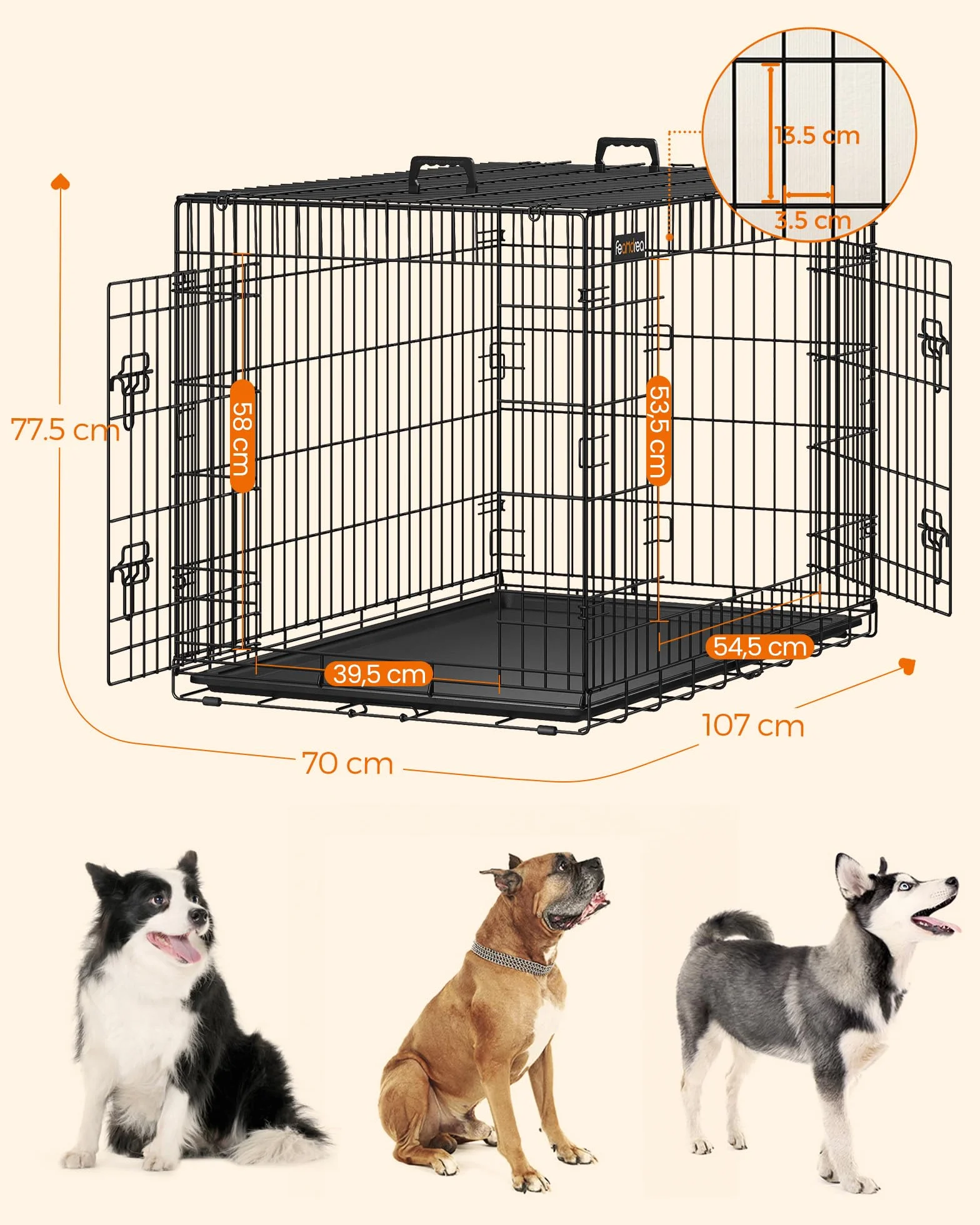 Feandrea Gabbia per Cani Pieghevole 107x70x77,5 cm XL Nero con 2 Porte Divisorio Vassoio Rimovibile PPD42BK