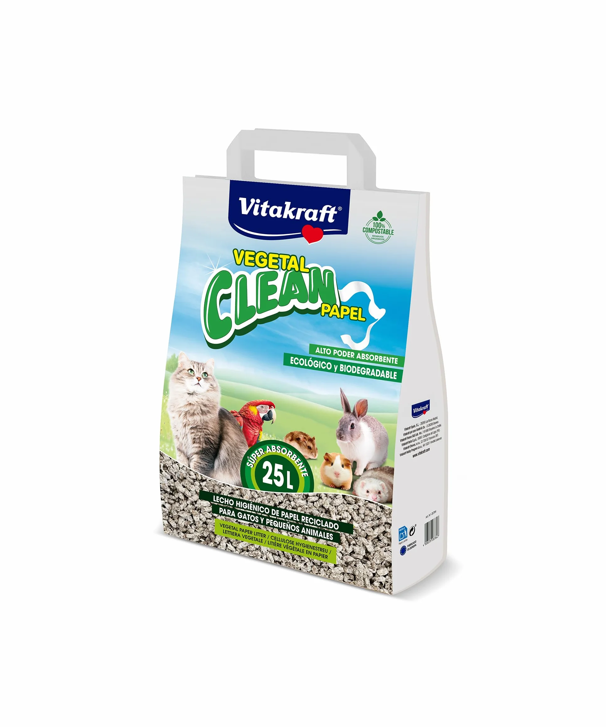 Vitakraft Vegetal Clean Papel, lettiera per Piccoli Animali, roditori, Uccelli e Gatti, con Controllo degli odori e assorbenza (1x 25l)