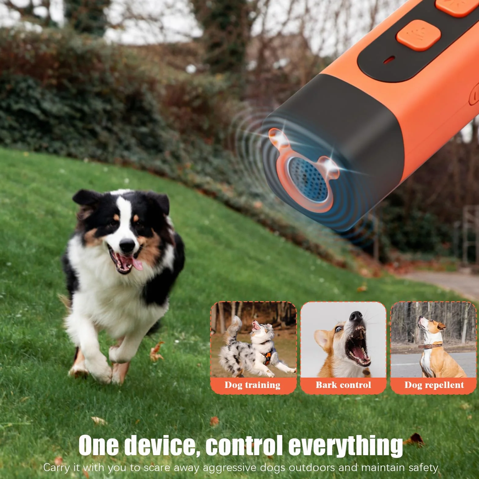 Ultrasuoni per Cani, Antiabbaio per Cani Ultrasuoni, Dispositivo Anti-Abbaiare con 3 Frequenze Regolabili con Torcia a LED, Scacciacani a Ultrasuoni per Cani Piccoli e Grandi