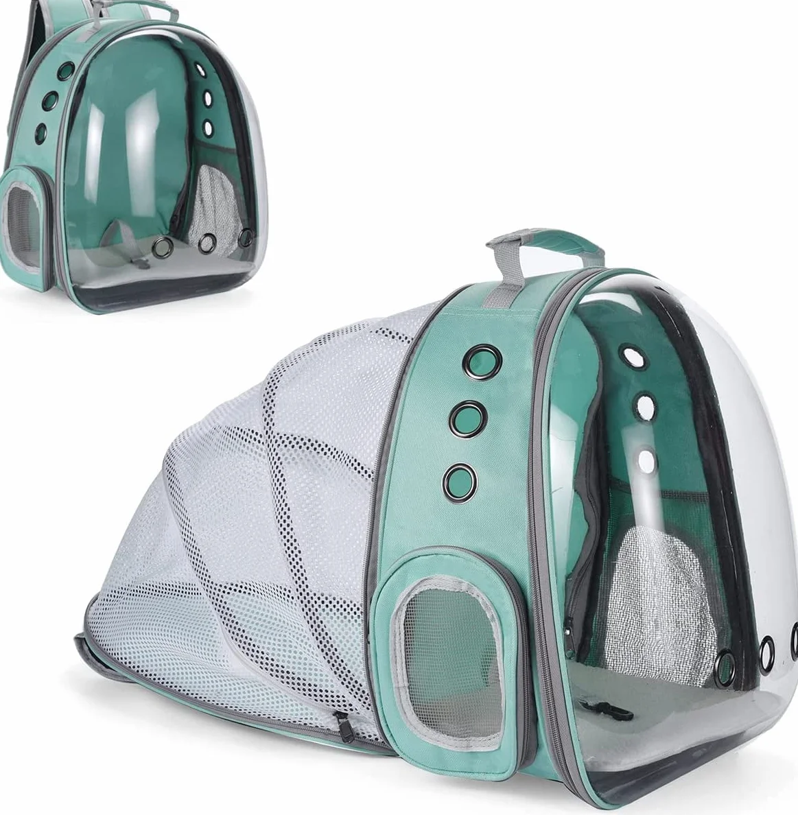 Zaino per Cani Gatti Estensibile, Zaino portatile per cani e gatti con finestra frontale trasparente e Retro espandibile, Zaino Capsula Spaziale ideale per Viaggo (Green, Behind Expand)